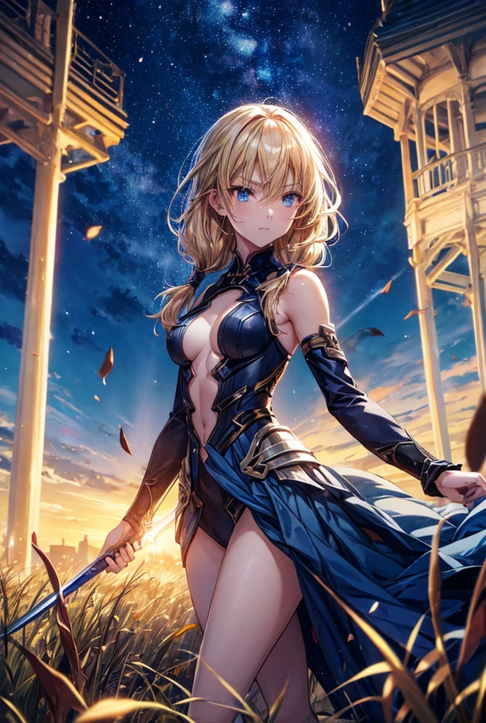 anime, female, swordsman, running at full speed, jumping, sword fighting, serious look, looking ahead, semi long, low twintails, shiny hair, wavy hair, blonde, gradient hair, blue eyes, with sparkling eyes, shiny skin, slender, with a sword, adult, Epic Battle Scene, in the grassland, with a tower, at night, cowboy shot, front view, ground-level shot, dynamic angle, cowboy shot, moonlight, shining lights