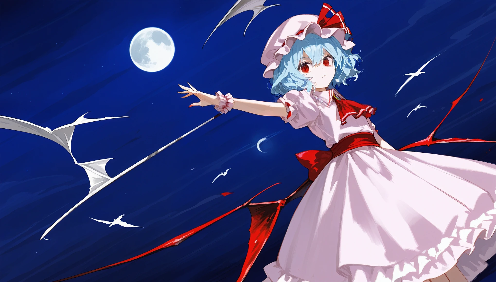 1girl, solo, (dutch angle:1.4), acrobatic pose, Diabolical, Ruined palace in the distance, Gloomy painting style，
Anime Girls, blue hair, dress, frills, hat, hat ribbon, mob cap, pink dress, puffy sleeves, red ascot, red eyes, red sash, remilia scarlet, ribbon, sash, short hair, short sleeves, white dress, wings, wrist cuffs, flying bat background, 
red full moon, night sky, night, red moonlight, 
Score_9,Score_8,score_7_up,source_anime, rating_questionable,