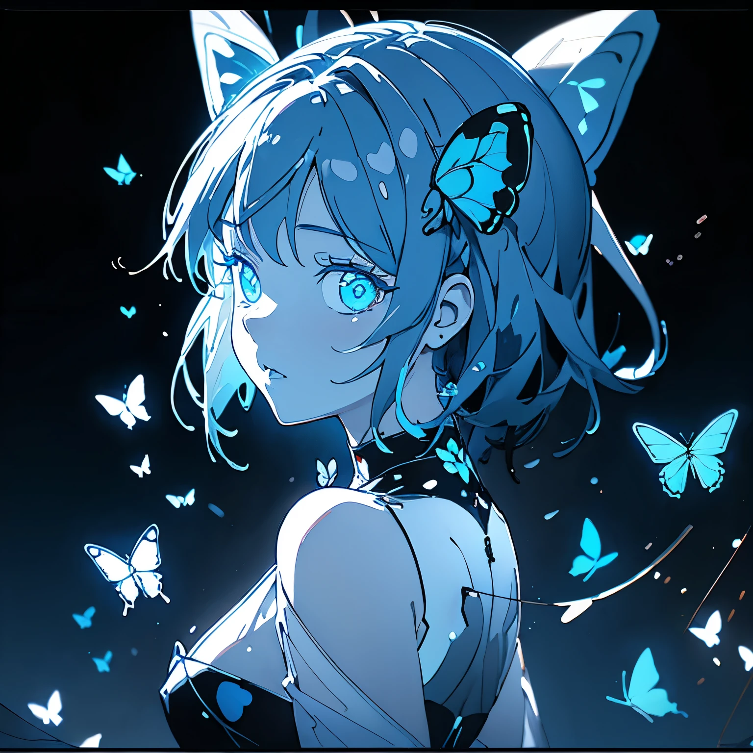 Lots of blue butterflies、Background Black、Line art、Neon LightThe overall look is dark,Blue glow, Glowing Blue, Glowing Details!, Glowing Aesthetics, Shining with Magical Light, White Glowing Veins, Glowing Details, Shimmering with Colorful Lights, Bioluminescent Skin!, with Glowing Blue lights, anime characters; full body art, Glow effect, Luminous veins, Blue light. fantasy, A cartoon girl in a glowing outfit sits on the ground. The neon on her body is the light source.