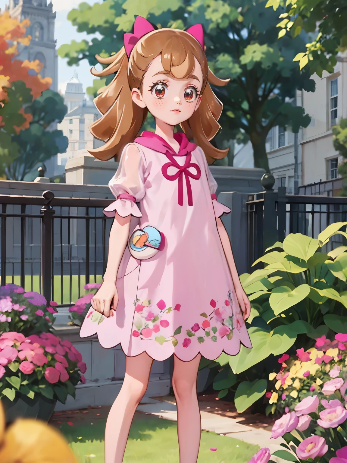 Realistic Skin, , Very short stature，Very thin thighs，Young ，Small child:1.3，((Fully transparent:1.3) Sheer floral print casual dress)，naked，outside，Park garden in early autumn，flower，
