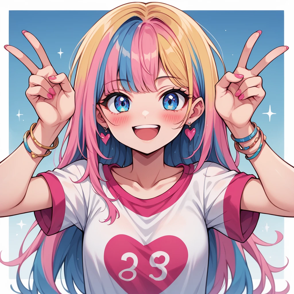 neondskdrmsxl, score_9_up, score_8_up, score_7_up, score_6_up, 1girl, solo, multicolored hair, jewelry, blue eyes, shirt, earrings, looking at viewer, blue hair, smile, pink hair, long hair, colorful, upper body, open mouth, blonde hair, bangs, v, short sleeves, bracelet, arms up, double v, multicolored clothes, pink nails, collarbone, blush 