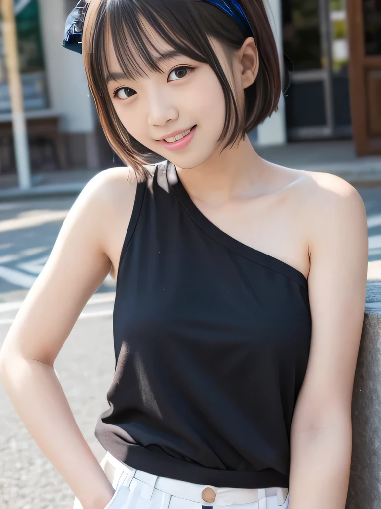 ((sfw: 1.4)), ((sfw, arms behind back, earrings, hairpin, choker, extra short hair, sidelocks-hair, smile, 1 girl)), ultra high resolution, (real: 1.4), RAW photo, highest quality, (photorealistic), focus ,Soft light,((15 years old)),((Japanese)),(((Young face))),(Surface),(Depth of field),Masterpiece,(Photoreal),Woman,Bangs,( (1 girl)