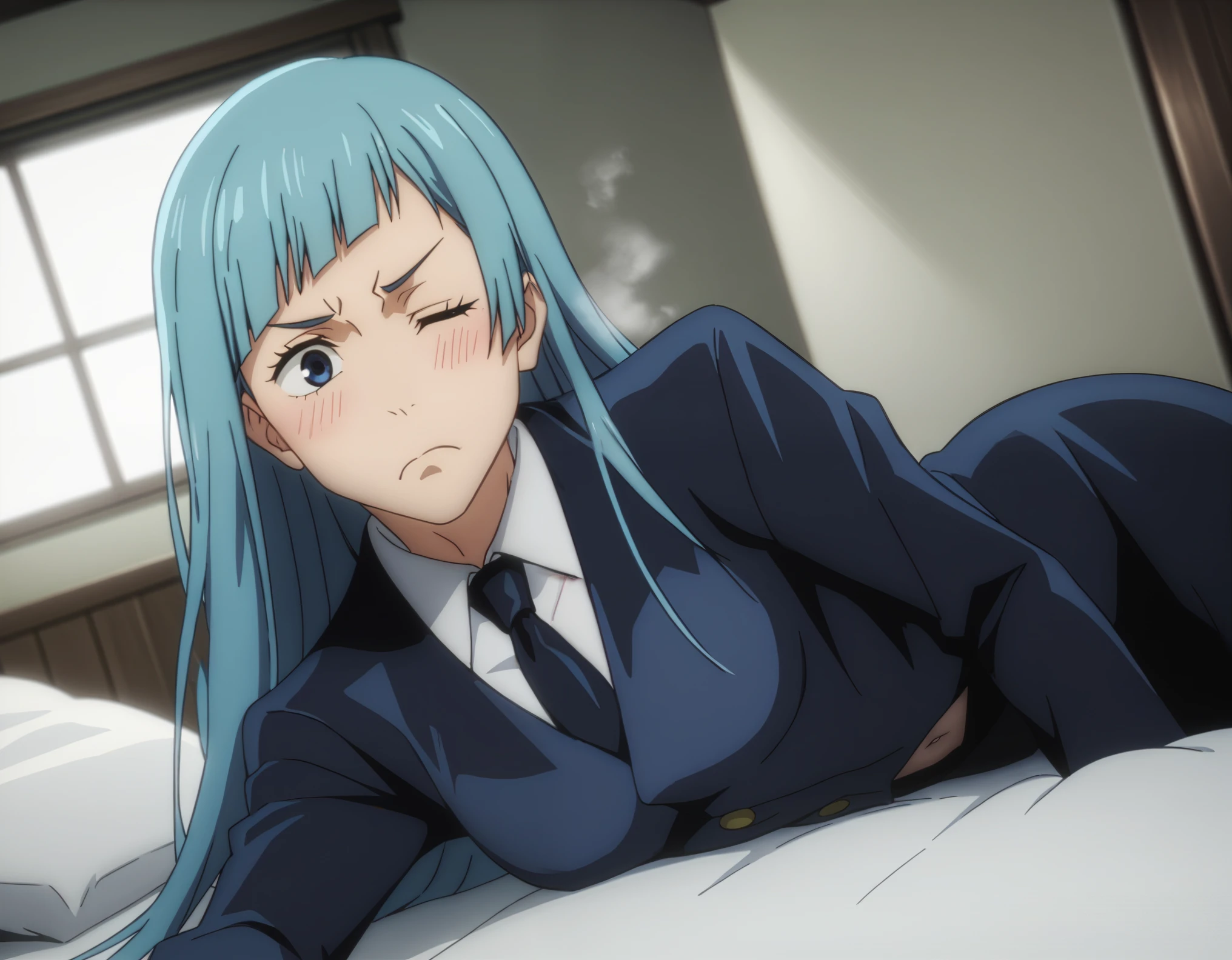 sauce_anime, ambient light,
jujutsu_kaisen_style, kasumi miwa,, ,1girl ,tall girl,, blue hair, long hair, blue eyes, wince, frown, Perfect face, expressive eyes ,
nsfw, (show off breast), black necktie , formal, suit ,
indoors, bed, realistic bed room, (on side), , navel, steam, 
cowboy shot,, looking at viewer, solo, dutch angle, blush,, , saliva,, medium breast, 