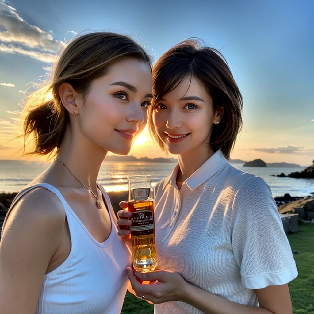 （Realistic:1.1）,(masterpiece,Highest quality)，8k,(44 years old), 42 years old, slimカップル、Model Couple、actress/actor、Tight waist,Upper Body,full-course dinner、wine 、Amazing view of the sunset sky and clouds、Perfect Anatomy, Brown Hair, short hair,Random Hairstyles,((Highly detailed face and eyes:1.2))(cute顔:1.4)，美しいactressの顔，Perfect golden ratio face，Long sleeve shirt、dress,(smile:1.2)、Shortcuts、cute、(Realistic, Intricate details:1.2), A bright smile、short hair,Bright Face、赤wine 、Appetizers、Italian food、wine bottle、Champagne、スパークリングwine、(slimな顔), (The body is slim), (Brown Hair), (Shortcuts),  Upper Body, 白wine, slim, wineグラス, 