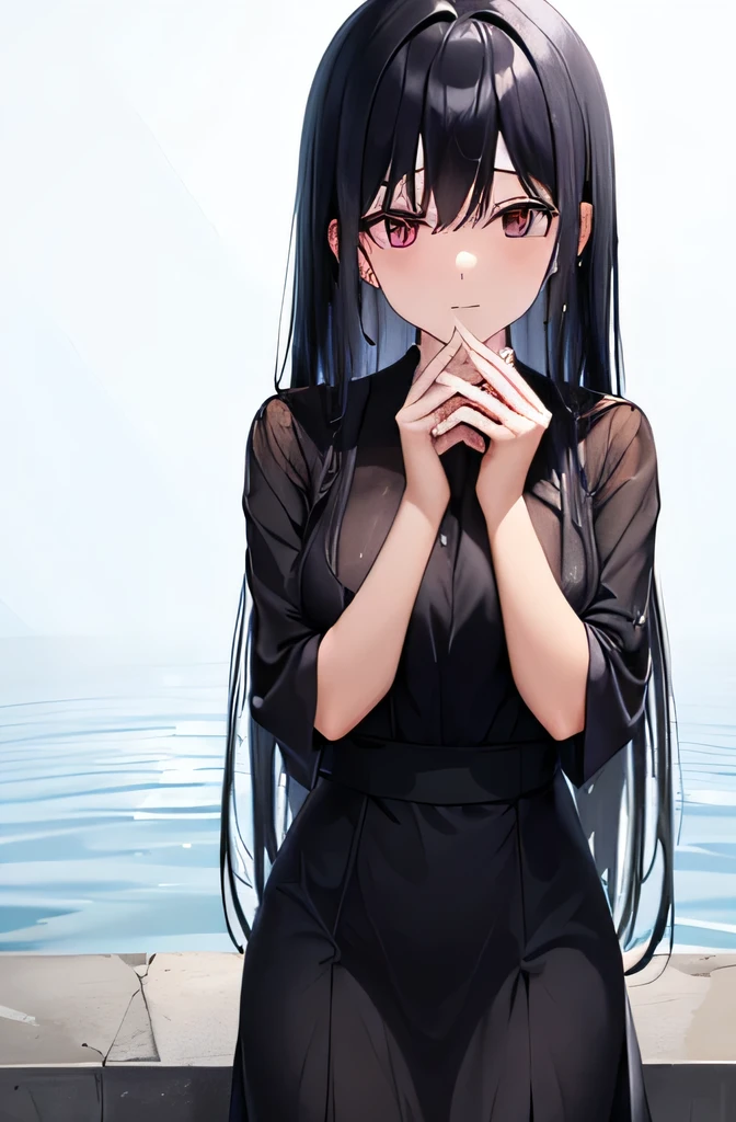 score_9, score_8_up, score_7_up, score_6_up,  <lora:wanke_style:1>,w4nke_style, 1girl, solo, long hair, looking at viewer, black hair, long sleeves, dress, sitting, closed mouth, water, black eyes, black dress, from side, sleeves past wrists, black background, knees up, sleeves past fingers, partially submerged, black theme, partially underwater shot