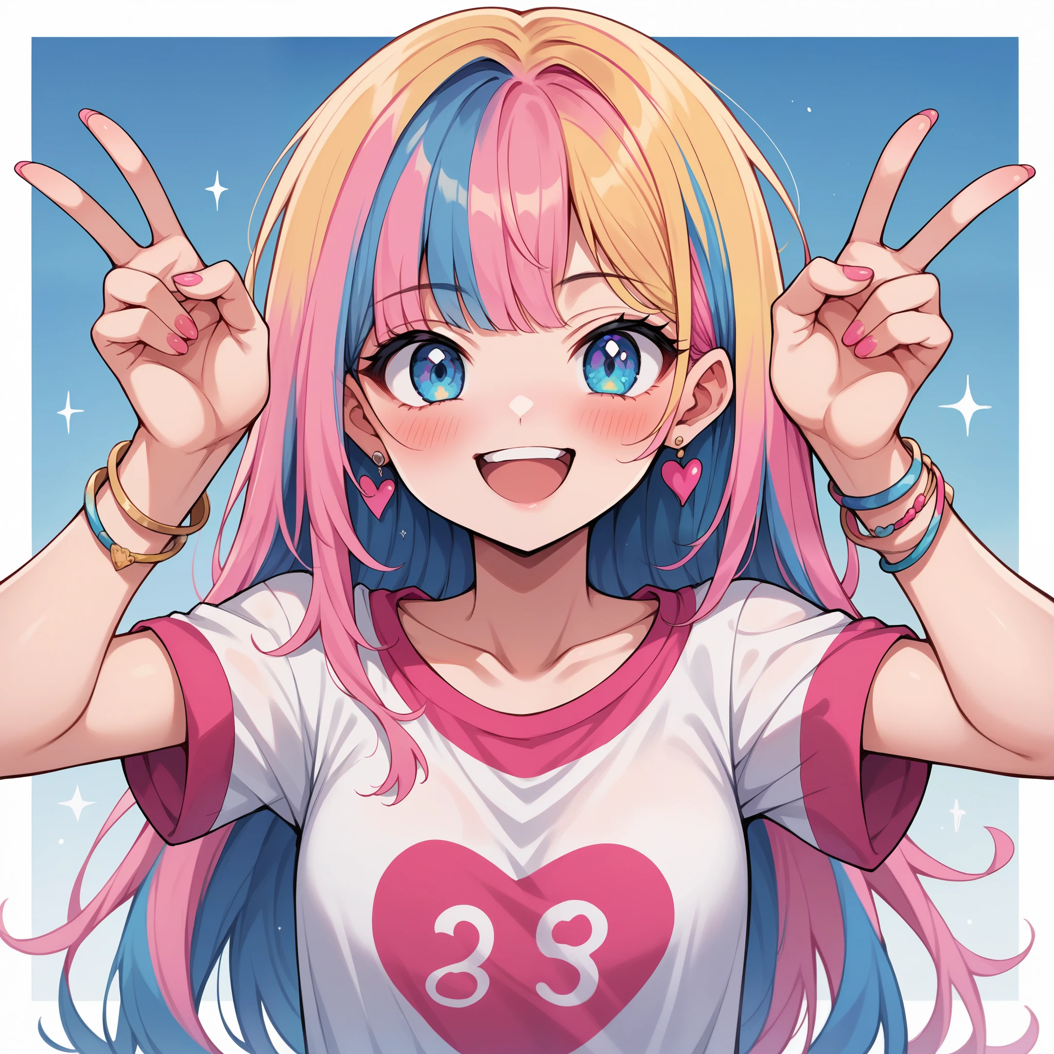 neondskdrmsxl, score_9_up, score_8_up, score_7_up, score_6_up, 1girl, solo, multicolored hair, jewelry, blue eyes, shirt, earrings, looking at viewer, blue hair, smile, pink hair, long hair, colorful, upper body, open mouth, blonde hair, bangs, v, short sleeves, bracelet, arms up, double v, multicolored clothes, pink nails, collarbone, blush 