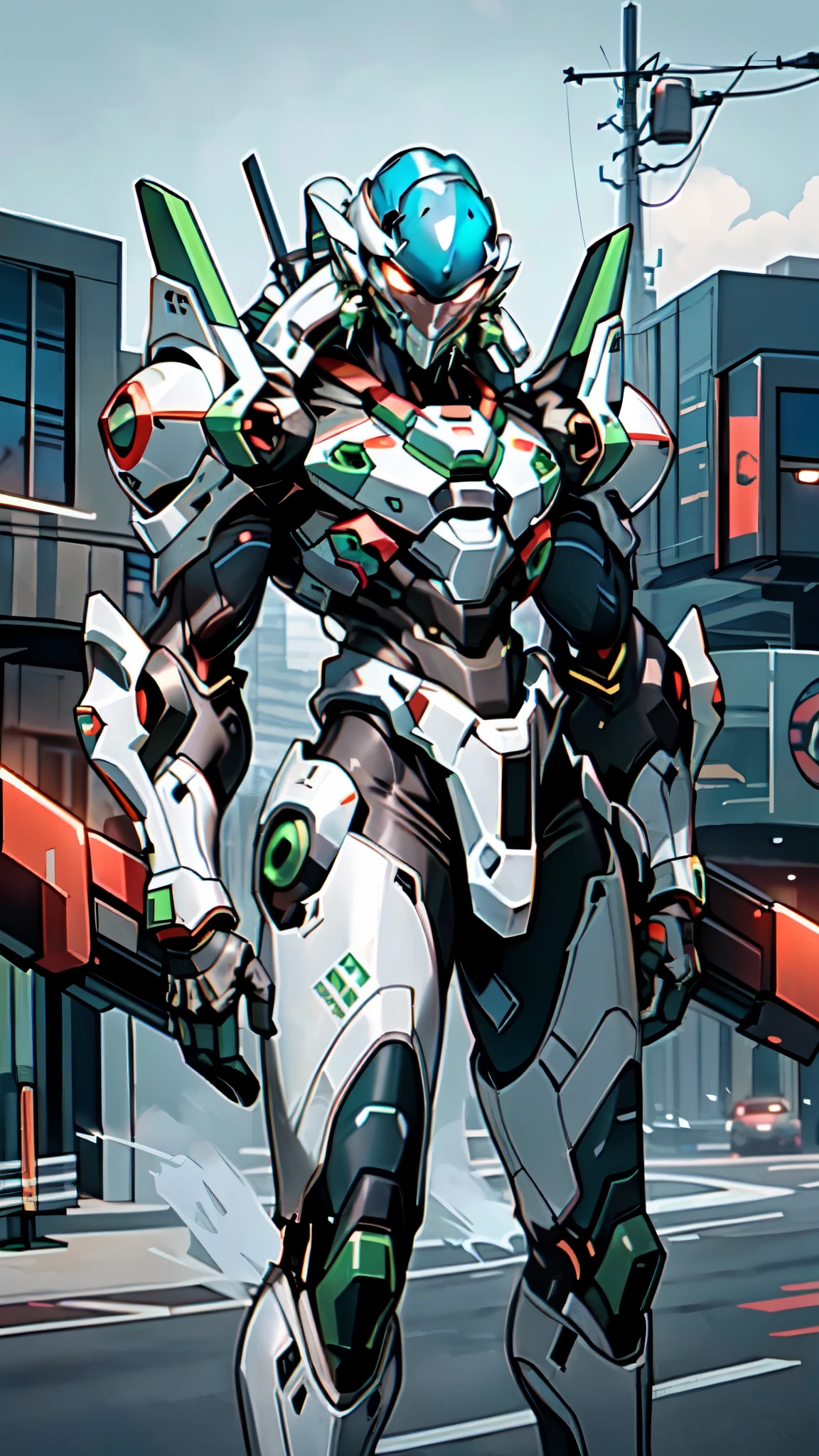 (masterpiece:1.5, best quality:1.5, extremely delicate:1.5), (male:1.5), humanoid Mecha, fully enclosed shoulder guards, matching arm and leg guards, full body, full armor, the design balances heavy with agility, (the color scheme is primarily Green with Red and White accents, the concept Inspired by Biological Robot, BRS, organic biotech armor, standing, floating high above the futuristic sci-fi city), exquisite and mature art style, (aura effect, glowing eyes, the armor glows), metallic, dramatic, high definition, highres, ultra-detailed, ultra-fine painting, professional, perfect body proportions, anatomically correct, symmetrical face, extremely detailed eyes and face, high quality eyes, creativity, RAW photo, UHD, 32k, Natural light, cinematic lighting, masterpiece-anatomy-perfect