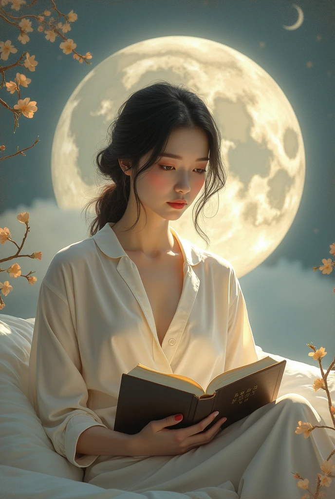 VISUAL STYLE: Detailed, GENRE: Masterpiece, ITEM(S): Very Beautiful Girl, TIME PERIOD: N/A, COLOR: White, ASPECT RATIO: 9:16, FORMAT: Digital, FRAME SIZE: Ultra High Resolution, LENS SIZE: N/A, COMPOSITION: unbuttoned kimono, white long hair, multicolored eyes, Sitting in the lotus position, hands pointing to the sides, LIGHTING: Dim, LIGHTING TYPE: Membranous, TIME OF DAY: Night, ENVIRONMENT: Exterior, LOCATION TYPE: Starry Sky, SET: N/A, CAMERA: N/A, LENS: N/A, FILM/RESOLUTION: Ultra High Resolution, TAGS: Detailed Anatomy, Flawless Anatomy, White Socks, Short Socks, Tattoo, Mantra Reading, Big Fluffy Hare, Red Moon, Detailed Eyes, Eyes of Different Colors, Detailed Face, Nudity, NfsW, Halo Around Head, Bare Shoulders.