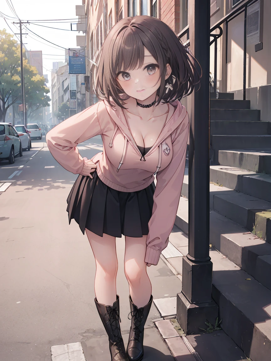 ((Masterpiece,best quality,high quality,detailed,ultra detailed,hyper detailed,extremely detailed,beautiful detailed,4K,8K,Full-HD,high resolution,ultra highres)),a girl wearing black boots with short sleeves standing in front of a staircase, 1girl, solo, skirt, breasts, looking at viewer, smile, boots, pleated skirt, long hair, blush, cleavage, black footwear, hood, choker, black skirt, hoodie, stairs, collarbone, drawstring, long sleeves, leaning forward,add_detail:1, add_detail:0, add_detail:0.5