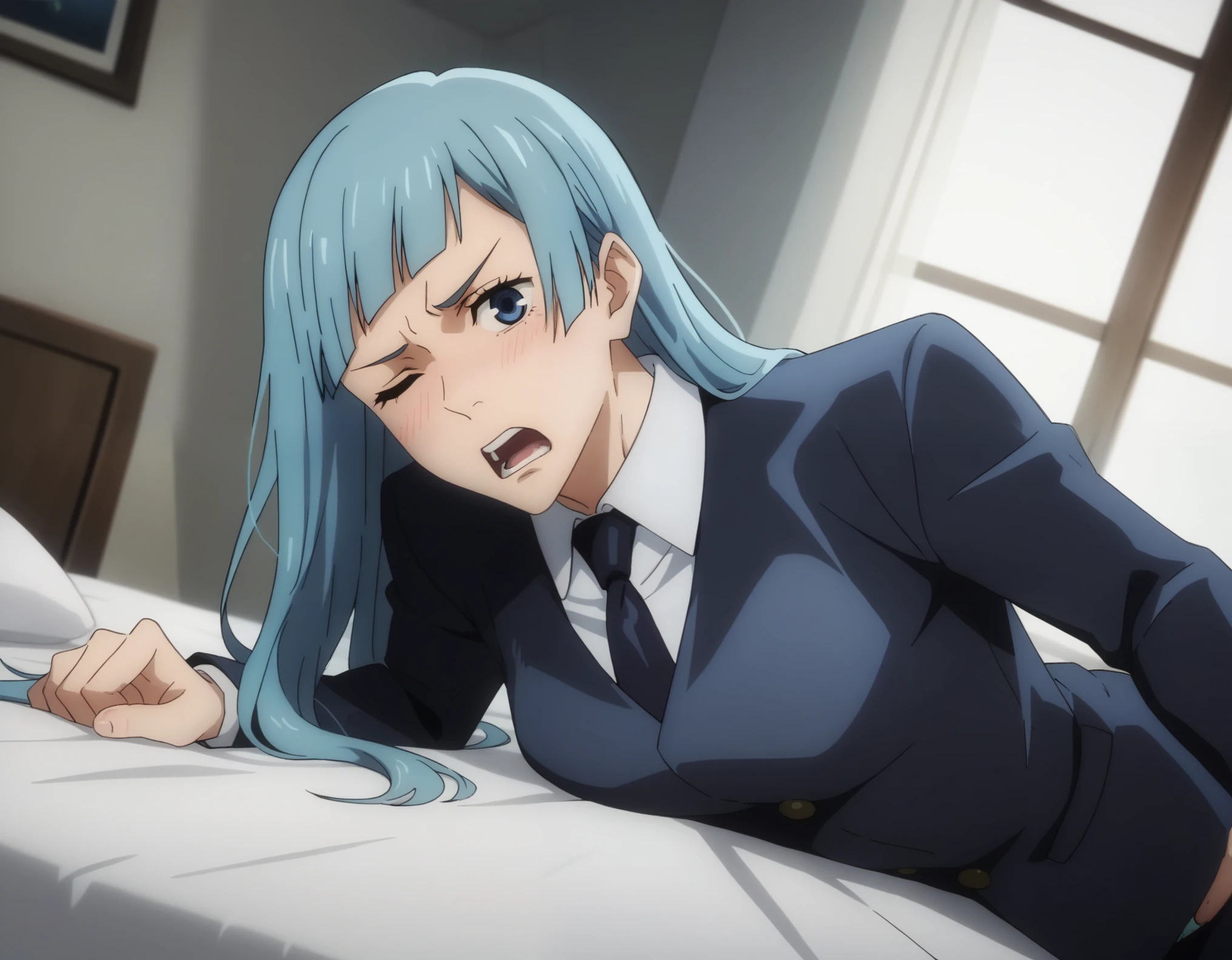 sauce_anime, ambient light,
jujutsu_kaisen_style, kasumi miwa,, ,1girl ,tall girl,, blue hair, long hair, deep blue eyes, wince, frown, Perfect face, expressive eyes ,
nsfw, (show off breast), black necktie , formal, suit , undress black pants, in panties ,
indoors, bed, realistic bed room, (on side), , steam, 
cowboy shot,, looking at viewer, solo, dutch angle, blush,, screaming, saliva,, medium breast, 