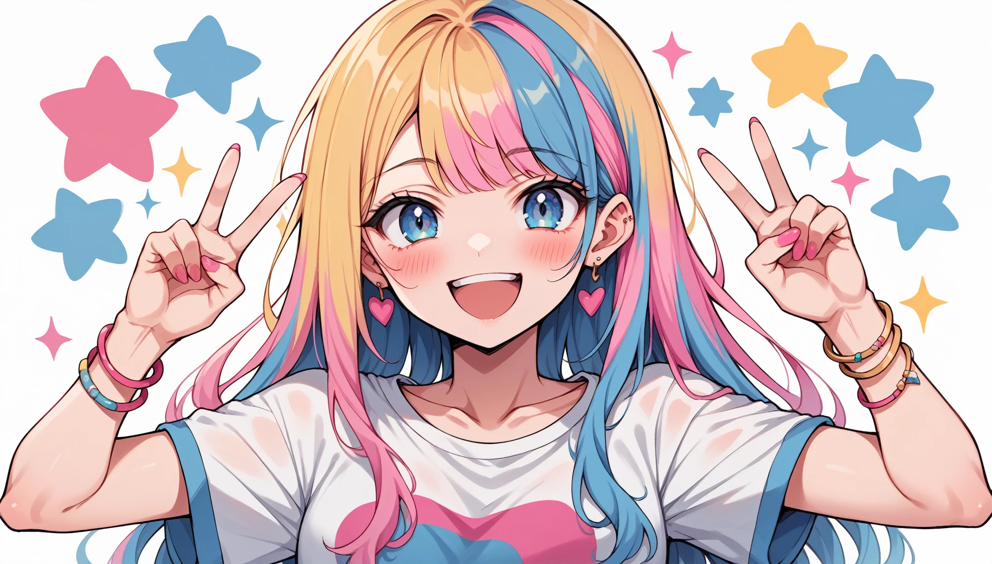 neondskdrmsxl, score_9_up, score_8_up, score_7_up, score_6_up, 1girl, solo, multicolored hair, jewelry, blue eyes, shirt, earrings, looking at viewer, blue hair, smile, pink hair, long hair, colorful, upper body, open mouth, blonde hair, bangs, v, short sleeves, bracelet, arms up, double v, multicolored clothes, pink nails, collarbone, blush 