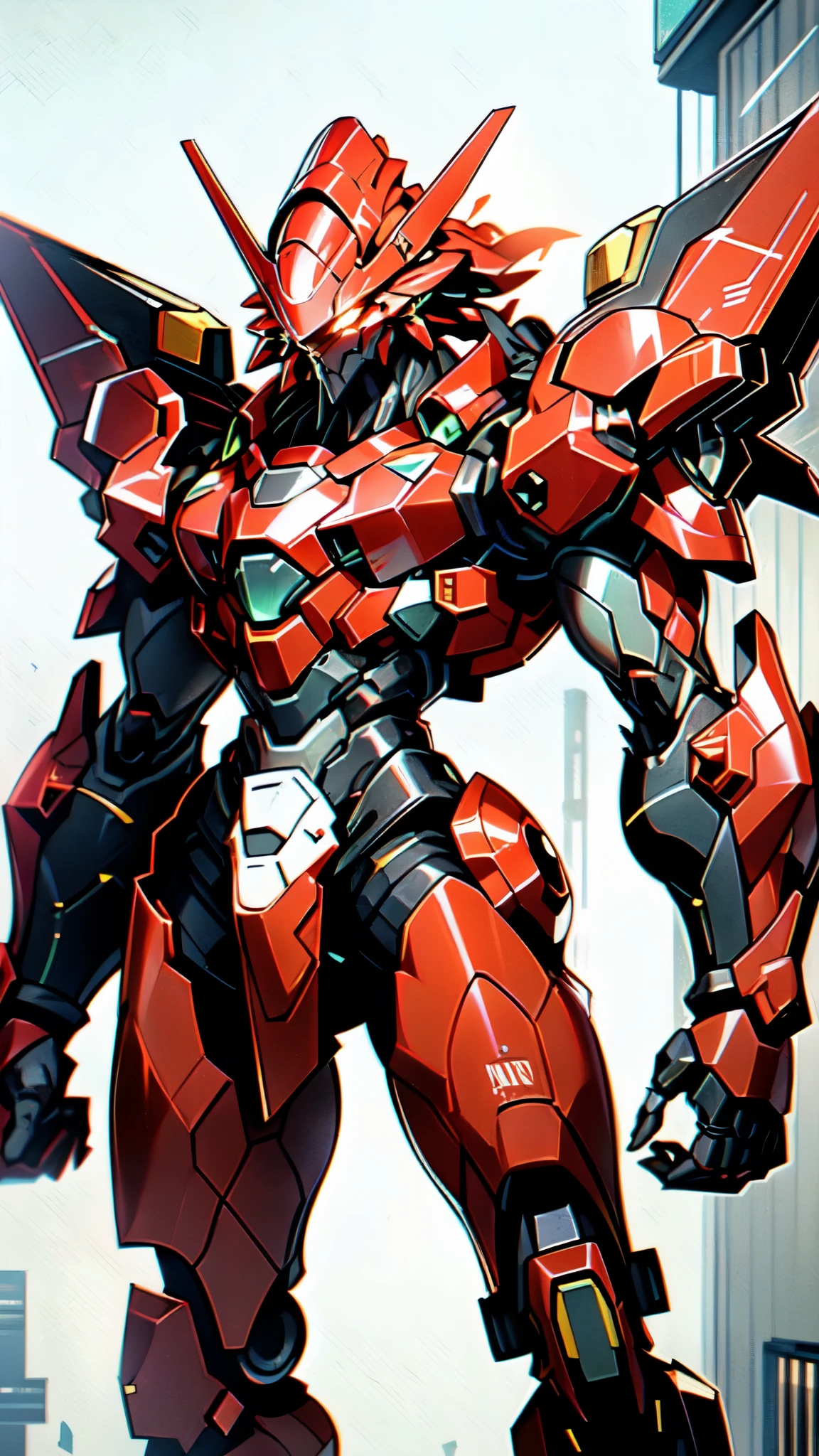 (masterpiece:1.5, best quality:1.5, extremely delicate:1.5), (male:1.5), humanoid Mecha, fully enclosed shoulder guards, matching arm and leg guards, full body, full armor, the design balances heavy with agility, (the color scheme is primarily Black with White and Red accents, the concept Inspired by Real Robot, RRS), organic biotech armor, standing, floating high above the futuristic sci-fi city, exquisite and mature art style, (aura effect, glowing eyes, the armor glows), metallic, dramatic, high definition, highres, ultra-detailed, ultra-fine painting, professional, perfect body proportions, anatomically correct, symmetrical face, extremely detailed eyes and face, high quality eyes, creativity, RAW photo, UHD, 32k, Natural light, cinematic lighting, masterpiece-anatomy-perfect