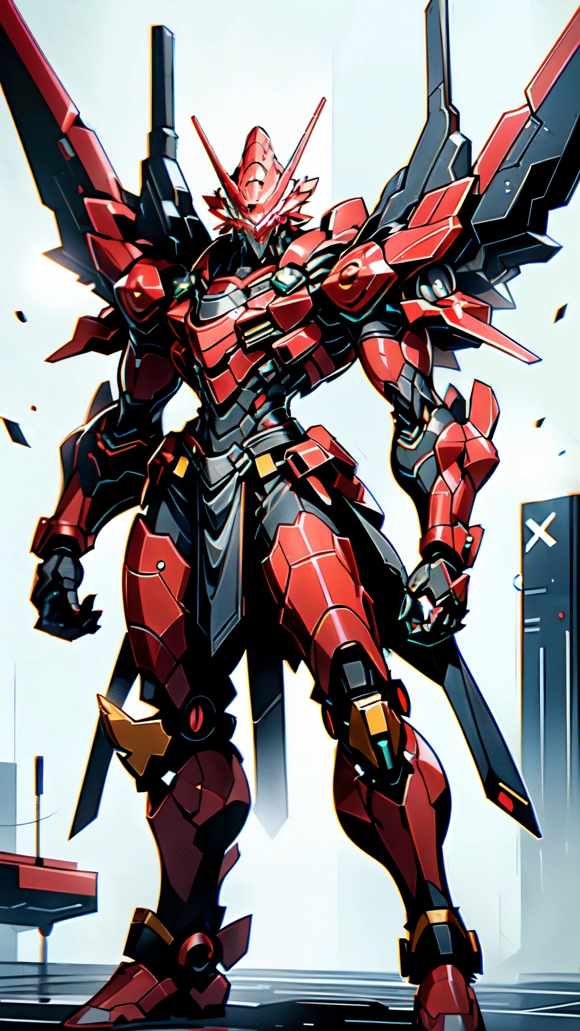 (masterpiece:1.5, best quality:1.5, extremely delicate:1.5), (male:1.5), humanoid Mecha, fully enclosed shoulder guards, matching arm and leg guards, full body, full armor, the design balances heavy with agility, (the color scheme is primarily Black with White and Red accents, the concept Inspired by Real Robot, RRS), organic biotech armor, standing, floating high above the futuristic sci-fi city, exquisite and mature art style, (aura effect, glowing eyes, the armor glows), metallic, dramatic, high definition, highres, ultra-detailed, ultra-fine painting, professional, perfect body proportions, anatomically correct, symmetrical face, extremely detailed eyes and face, high quality eyes, creativity, RAW photo, UHD, 32k, Natural light, cinematic lighting, masterpiece-anatomy-perfect