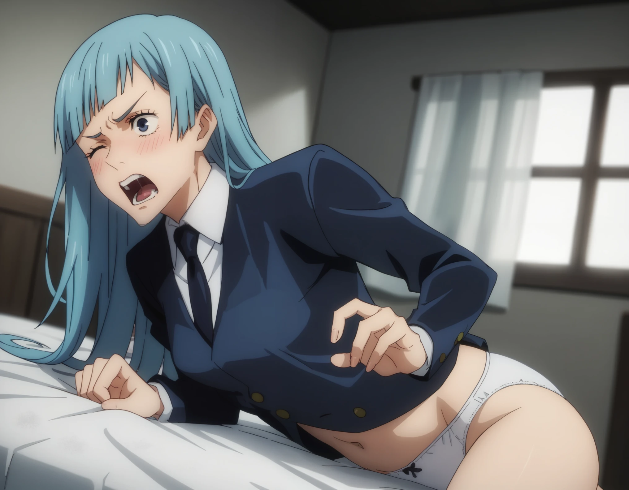 sauce_anime, ambient light,
jujutsu_kaisen_style, kasumi miwa,, ,1girl ,tall girl,, blue hair, long hair, blue eyes, wince, frown, Perfect face, expressive eyes ,
nsfw, (show off breast), black necktie , undress formal suit , in panties ,
indoors, bed, realistic bed room, on side, , navel, steam, 
cowboy shot,, solo, dutch angle, blush,, screaming, saliva,, medium breast, 