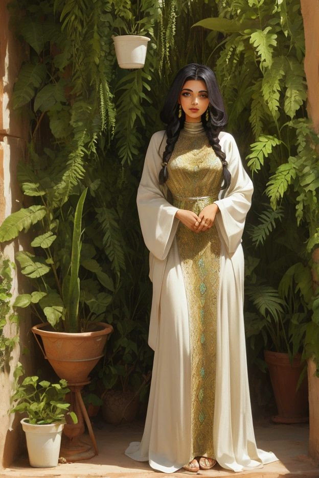 Moroccan woman in dress with ferns and earth sand