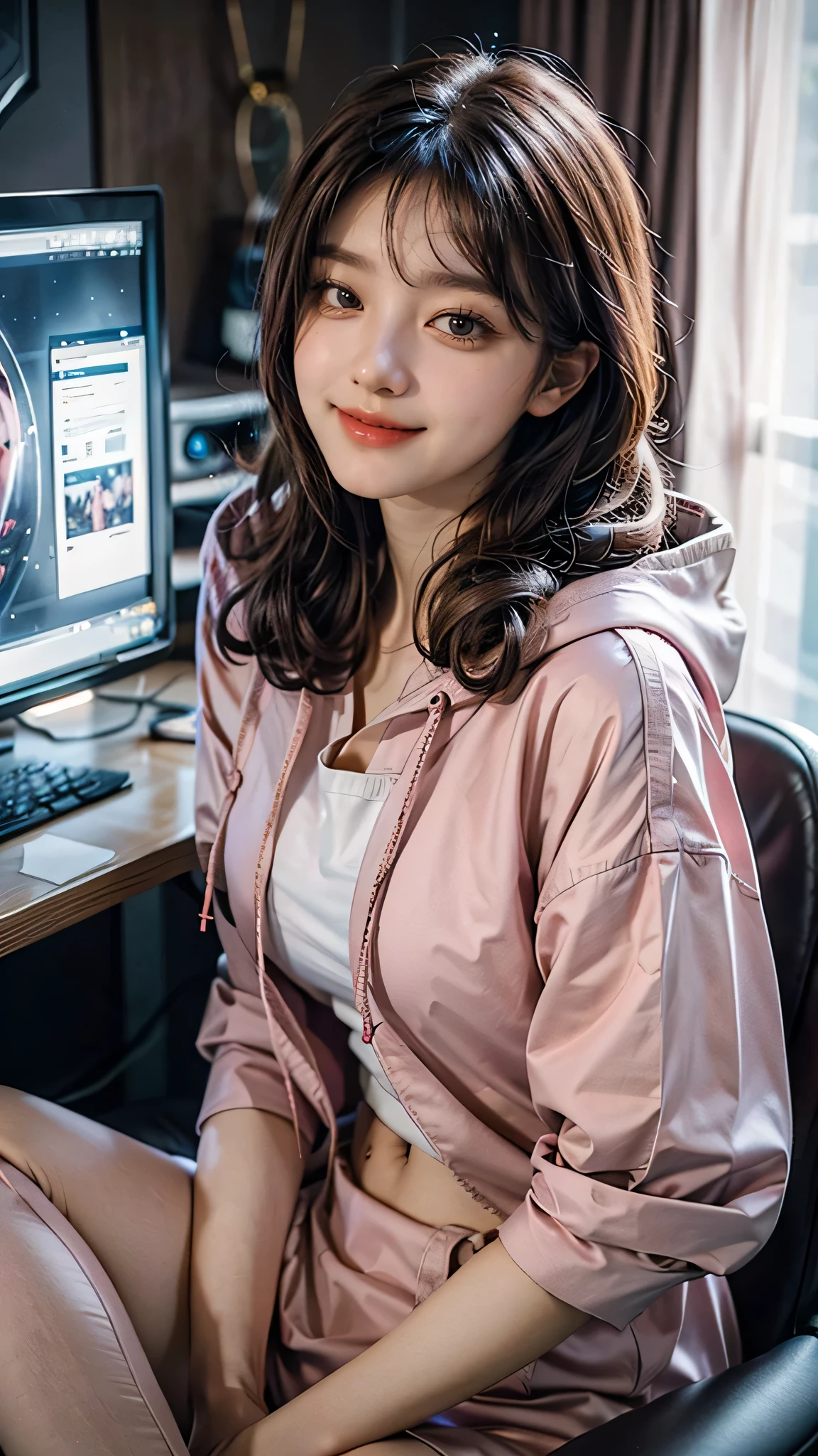 A woman was sitting in front of a computer desk.,Take a look at your computer,Downview,Downview,4/Three aspects,Side with keyboard, Realistic art style, digital anime illustration, Realistic anime art style, Photorealistic Art Style, digital anime art, realistic anime 3 d style, realism artstyle, cartoon digital painting, Realistic Schoolgirl, digital character illustration, Anime Realism Style, realistic young anime girl, digital cartoon painting art, digital manga art