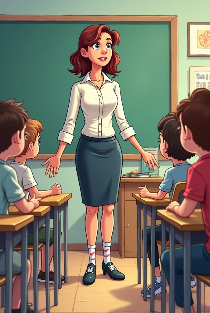 Beautiful mature Caucasian woman standing haughty and dominant in short miniskirt, with thick and big thighs, He has a small, thin boy in trousers and a school uniform on his knees., who is afraid in the office