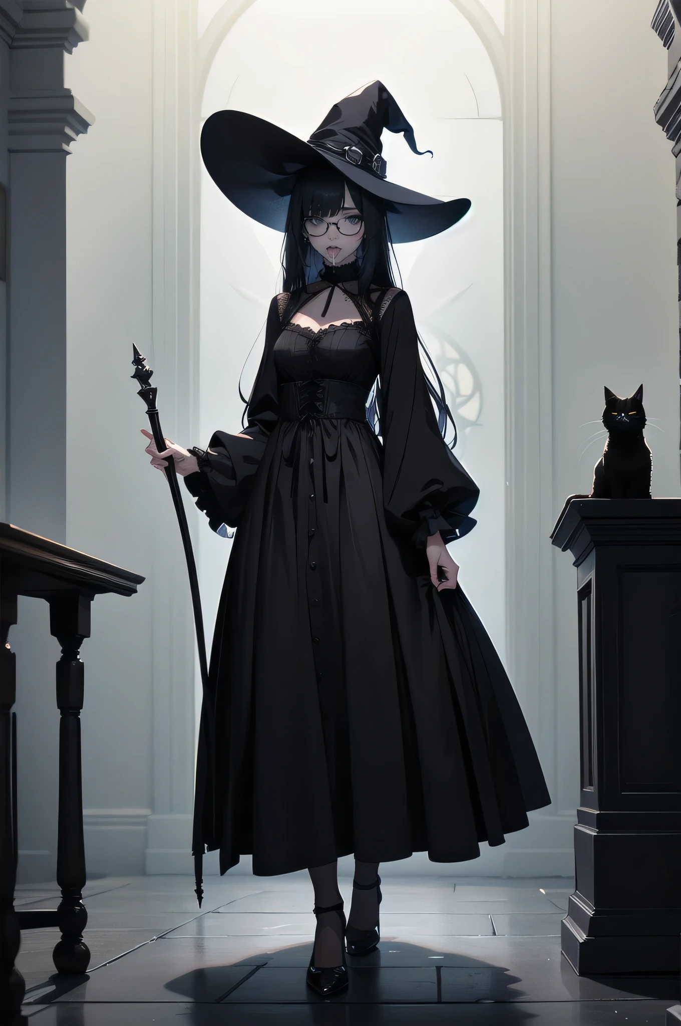 Shadow Face、beautiful girl、cute、、smile、Glasses、Droopy eyes、Black Hair、Beautiful Long Hair、Straight Hair、bangs、Bangs、Gothic Dress、Long Dress、Black pumps、Big Breasts、Slim body、Short、small、slim、Black cat at feet、2 black cats、black kitten、Magic wand、witch、witch hat、（witch hat）、(Best Quality,4K,High resolution,Masterpiece 1.2),Very detailed,Real 1.37,Spooky altar background,Dark fantasy,Black color scheme,Ominous atmosphere,Eye-catching,Storytelling,Anime Style,Concept Art,Inappropriate behavior,beautiful, Delicate facial features, pale Skin, Dark Background, Cinema Lighting, Dramatic Shadows, Gothic, Gloomy atmosphere, Dark Story, One Person&#39;S, Red cheeks, ,(Blood splatter 1.3),Scary smile, smile,TwiSted smile、Bloody,(Blood splatter 1.3),Horror Style, ((Sweet Frill Black Costume)), ((Flowing Black Hair)), Female Curves, Sexy flat stomach, Perfect hands, Perfect anime character face, (Black Dress)), Standing, ((Evil smile)), ,(Dark Story1.3), Steam circulation, Moonlight Illumination, night lighting, Gothic architecture、Western architecture,Victorian city, Skeleton Gas Light,Absurd, High resolution、 ((Tabletop)), ((Best Quality)), (Very detailedな), ((Very detailed)), (beautiful), ((cute)), One Personで,(1.6)、beautiful face、Full Body Ezbian、pale, Beautiful skin、Big Breasts、Beautiful body、Slim body、beautiful feet、Smile gently、Dark building ruins、(snow white&#39;Frill dress 1.3)、(The dark ruins are Bloody 1.3)、Low angle full body shot、(Glasses 1.2)、(Creepy 1.3)、(The girl lost a lot of blood.........1.3)、(crazy smile1.6)、Spirits、(Blood dripping from the mouth 1.3)、（Glasses 1.5）、Droopy eyes、Gothic Dress、Bangs, Long Hair, Glasses、