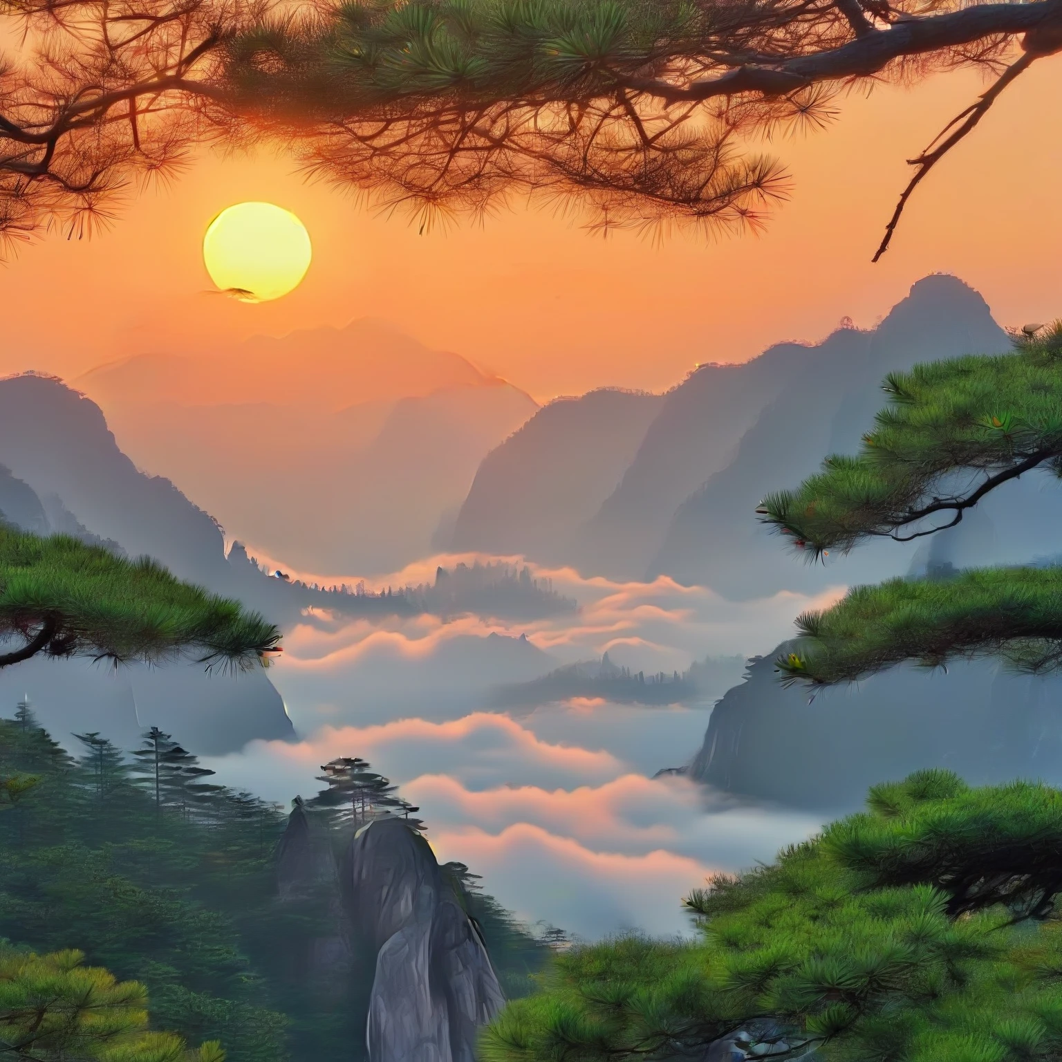 arafed view of a mountain range with pine trees and a sunset, stunning nature in background, the taoist temples of huangshan, majestic nature scenery, setting in nature, sun rises between two mountains, chinese landscape, beautiful sunrise, mountain sunrise, really beautiful nature, beautiful nature, very beautiful scenery, breathtaking scenery, mountains and sunset!!, heavenly landscape