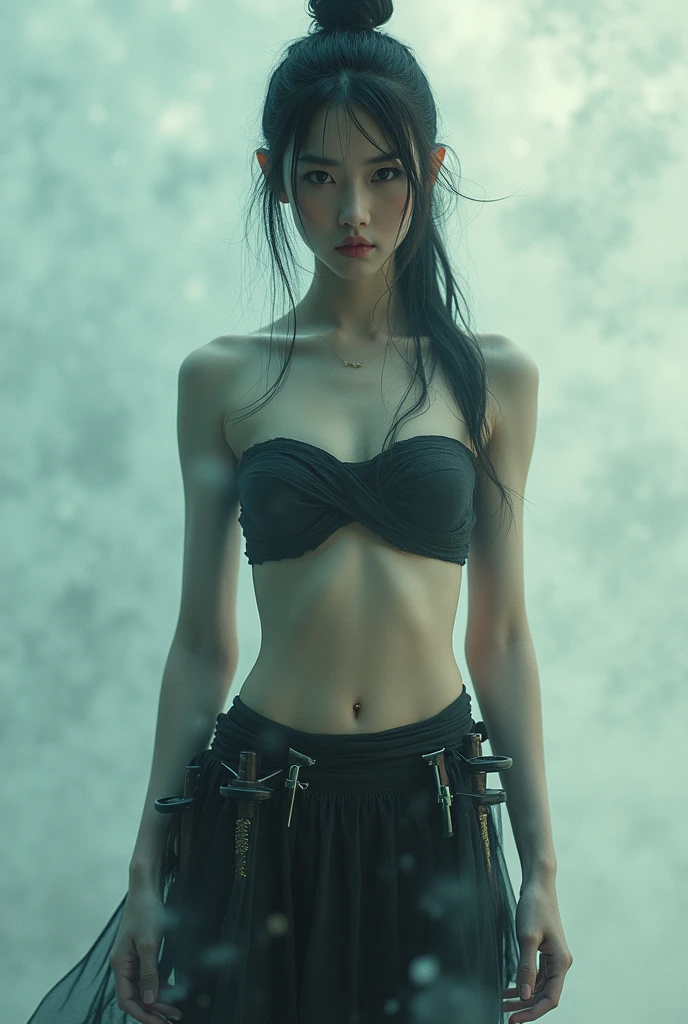 abandoned ruins,Sexy standing pose,full-body portraits(1:1),18 years old girls,Slender and slender figure,Skinny,As thin as a whipping post,Smaller bust,The barefoot,Random nudity all over the body,exhibitionists,Random exposure of genitals,face to the viewer