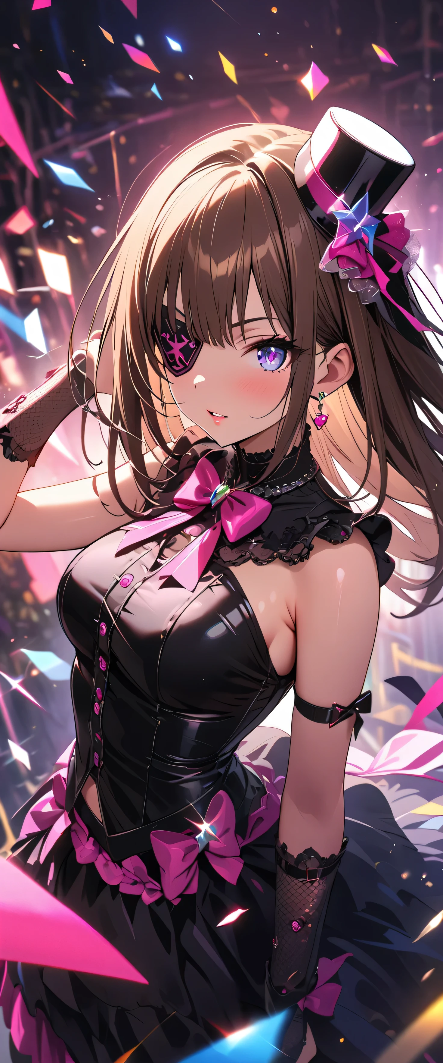 (beautiful girl: 1.3),1girl,masterpiece, Highest quality, Ultra-high resolution,rich contrast,super high quality,8k,Highly detailed CG unit wallpaper,texture,Incredibly absurd,Ultra-high resolution,RAW Photos,Depth of Field 1.2,(Brown Hair,Straight Hair),Ultra-detailed eyes,Glowing Skin,Glitter effect,Beautiful glossy lips,(idol clothes:1.3),military hat,eyepatch