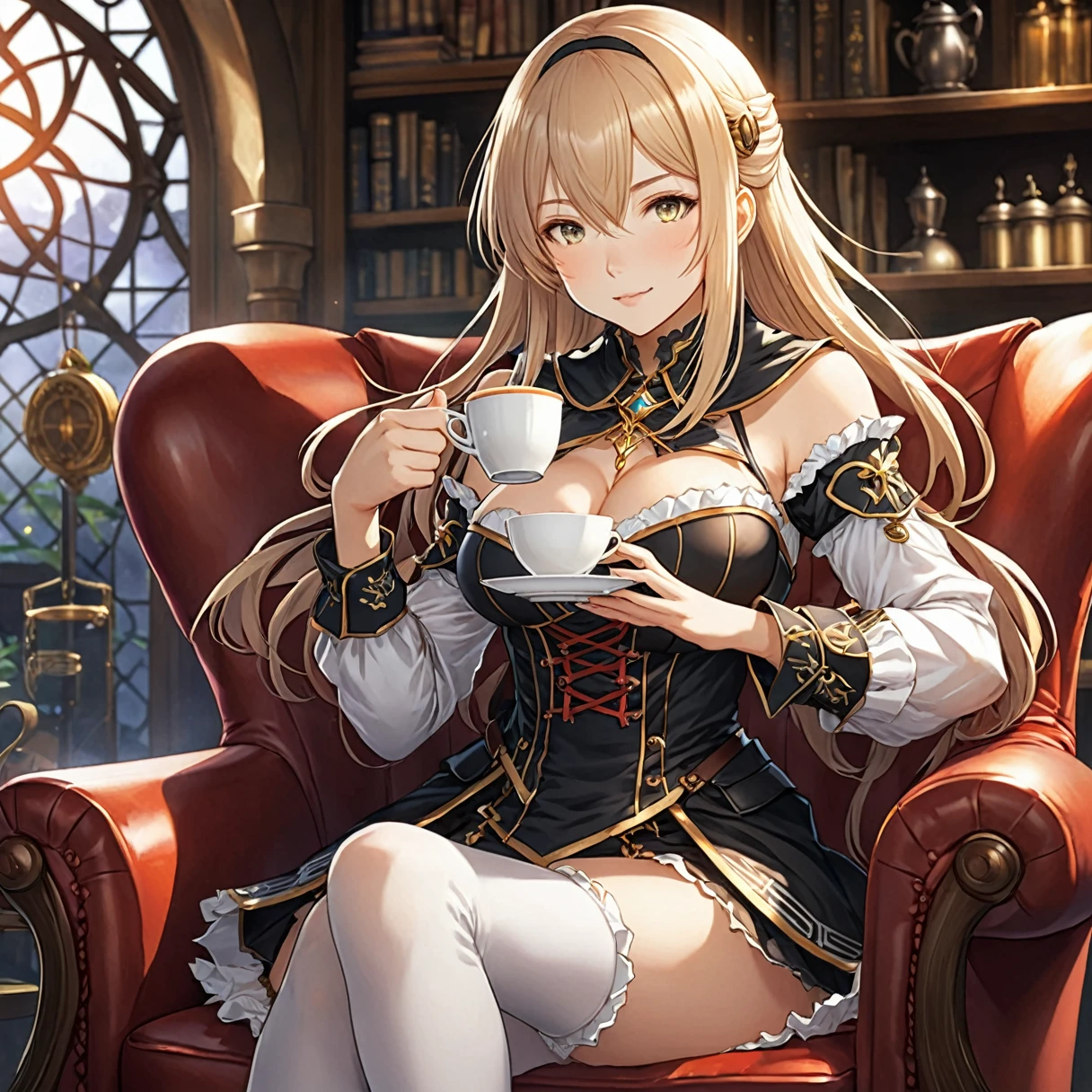 Anime girl sitting on a chair with a coffee cup in her hand, Alchemist Girl, Light novel cover, Official Art, Epic light novel art cover, Official Artwork, epic Light novel cover, change, isekai, small curve change, Crush Lease, Kshat Krentz Key Art Feminine, Shadowverse Style, Moe Dwarf,