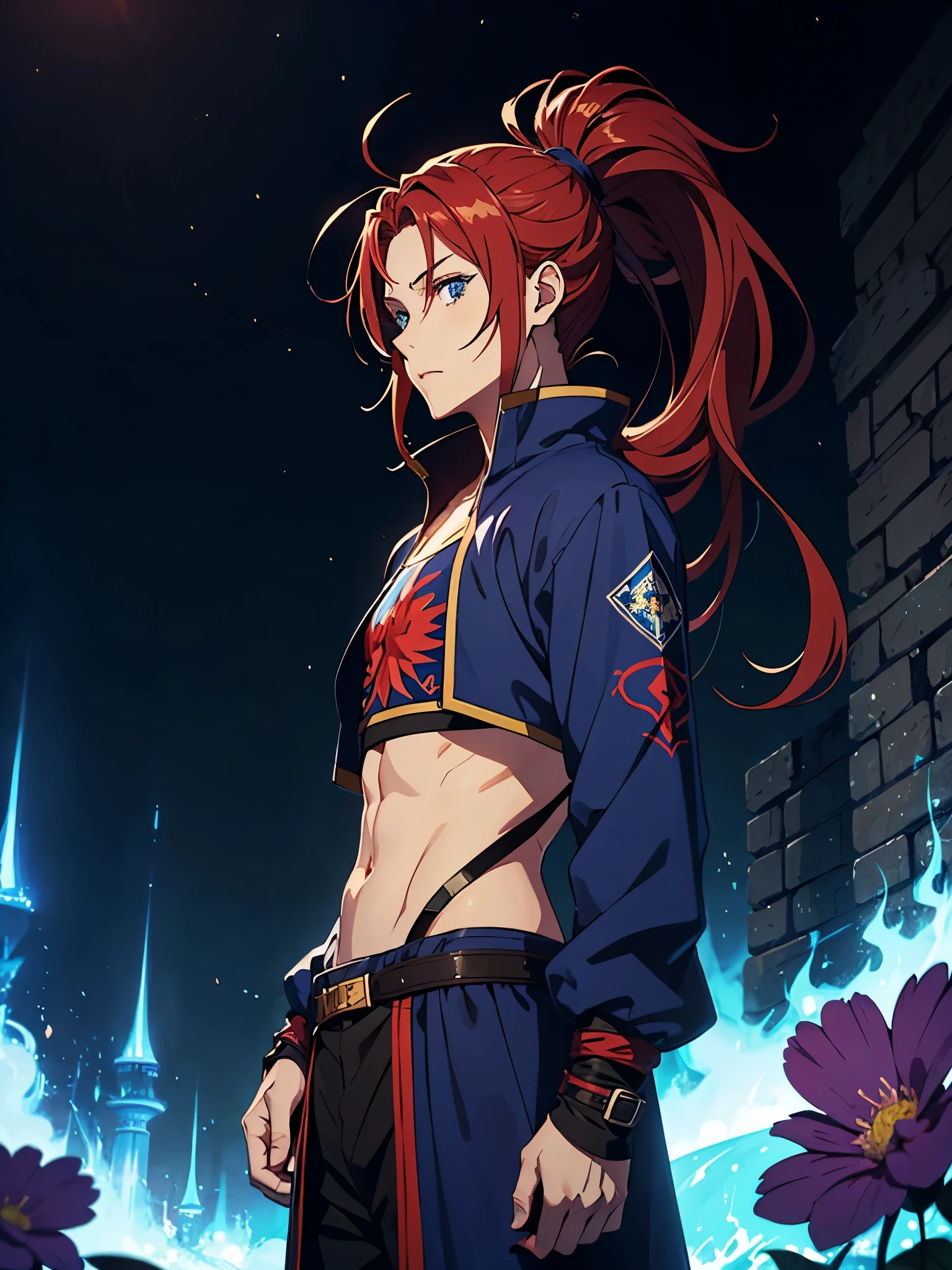 masterpiece, high quality, beautiful detailed eyes, upper body, city, outside, sunny, Red Hair, red jacket, blue shorts, blue eyes, confused, waist up, angry, pose,