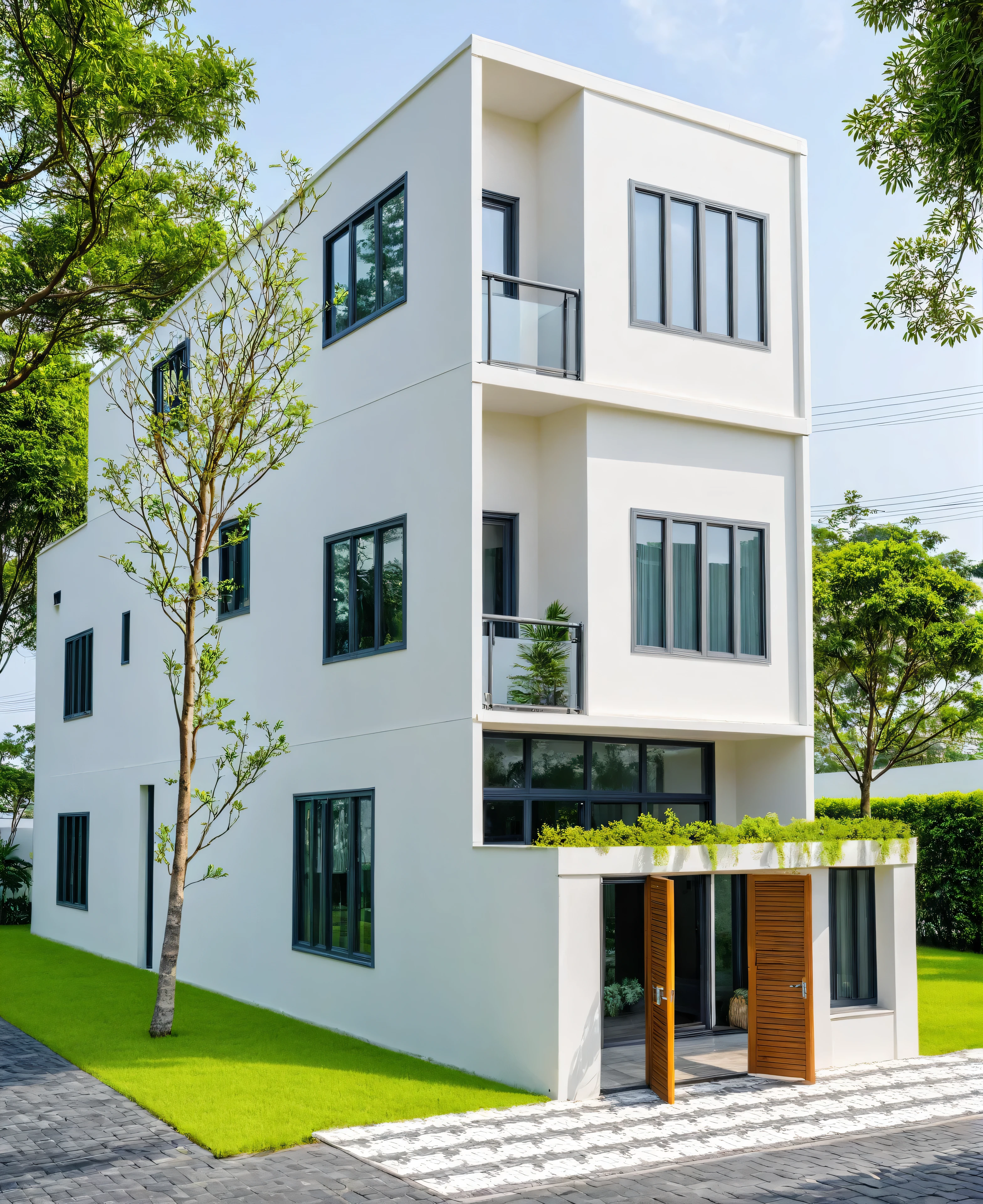 A modern minimalist style single-story villa with a flat roof, white walls and glass windows in Vietnam is surrounded by green lawns, ((road)), ((sidewalk)), ((sidewalk trees)), The overall architectural design features clean lines and simplicity, creating an elegant atmosphere. Use professional photography techniques to capture details and highlight the unique architecture of contemporary luxury houses in the style of minimalism