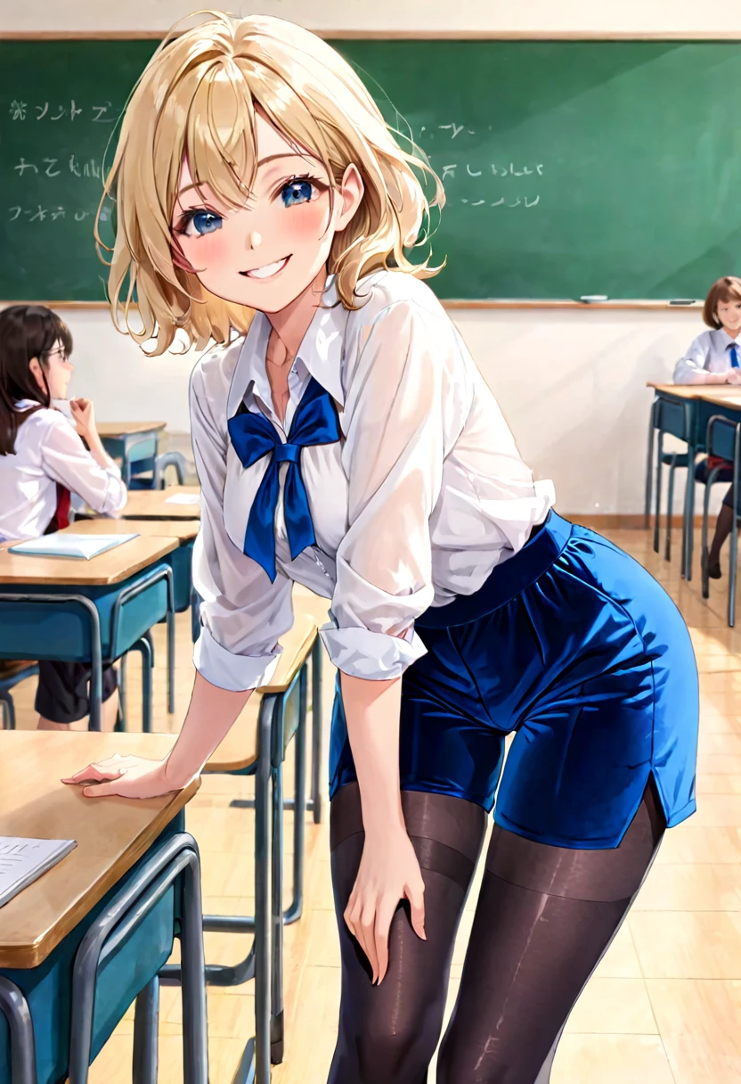 panty shot, Printed Panties, from behind, (masterpiece, highest quality), high school girl, school uniform, panty shot, lying on the desk, small ass, classroom, smile, fun, volume lighting, sunlight, bright、(Cat ear)、Bob cut blonde hair、big breasts