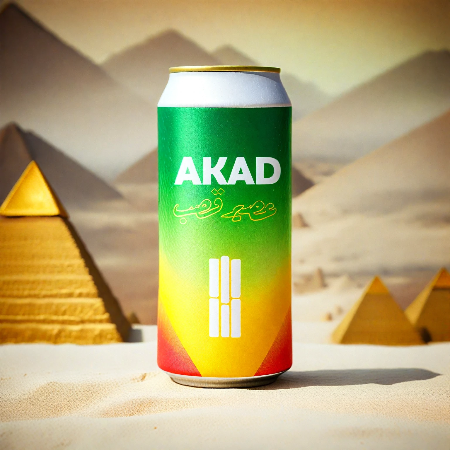 a soda can with shades of green yellow and red colors with a white logo, placed with golden giza pyramids ,depth of field, atmospheric , mystical, fantasy, nature, beverage, product placement