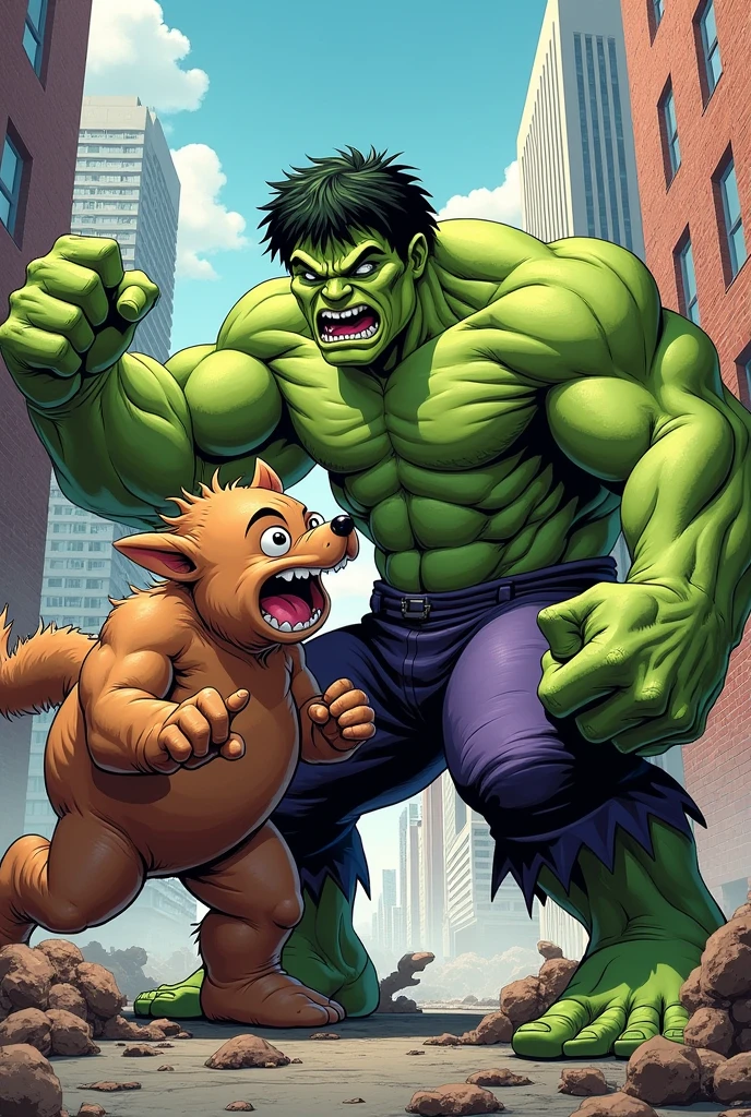 a dangerous light green dog, dog wear hulks's costume, dog open his mouth for biting and hulk standing beside the dog hulk hold dog collar in hands