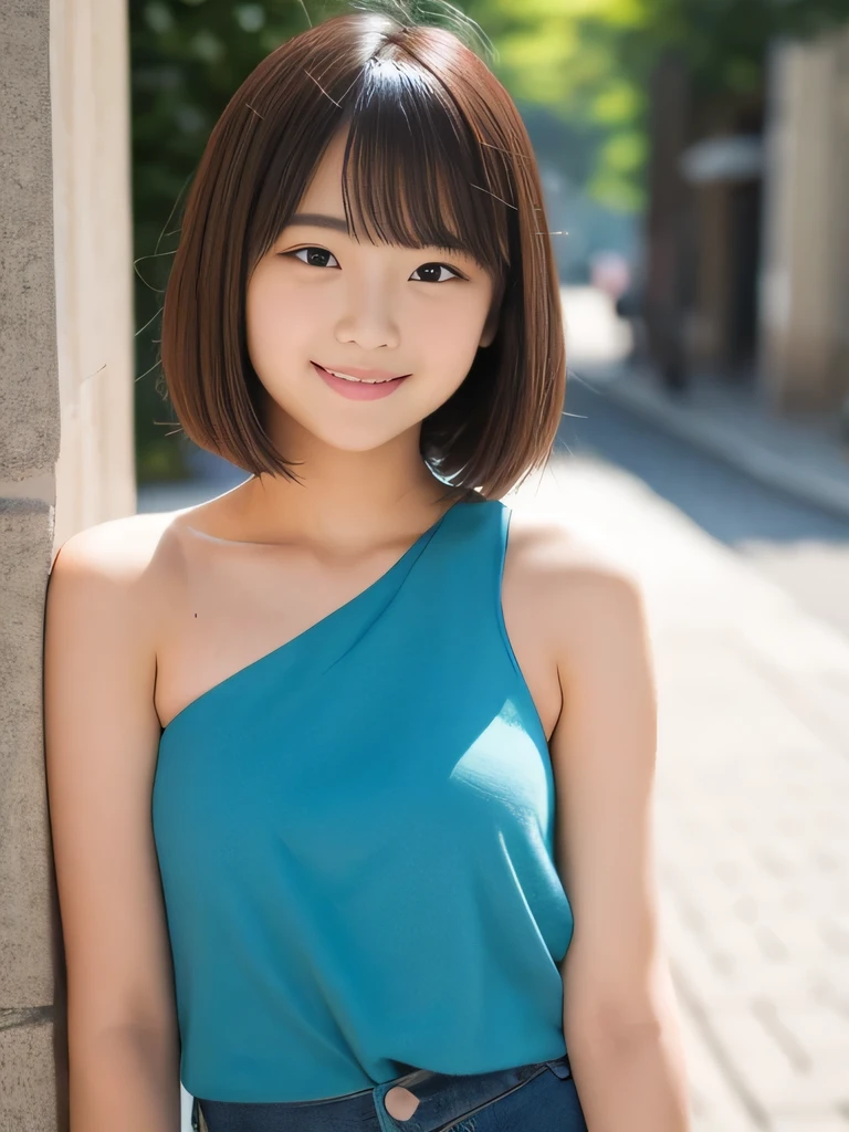 A woman with a blue top and jeans posing for a picture - SeaArt AI