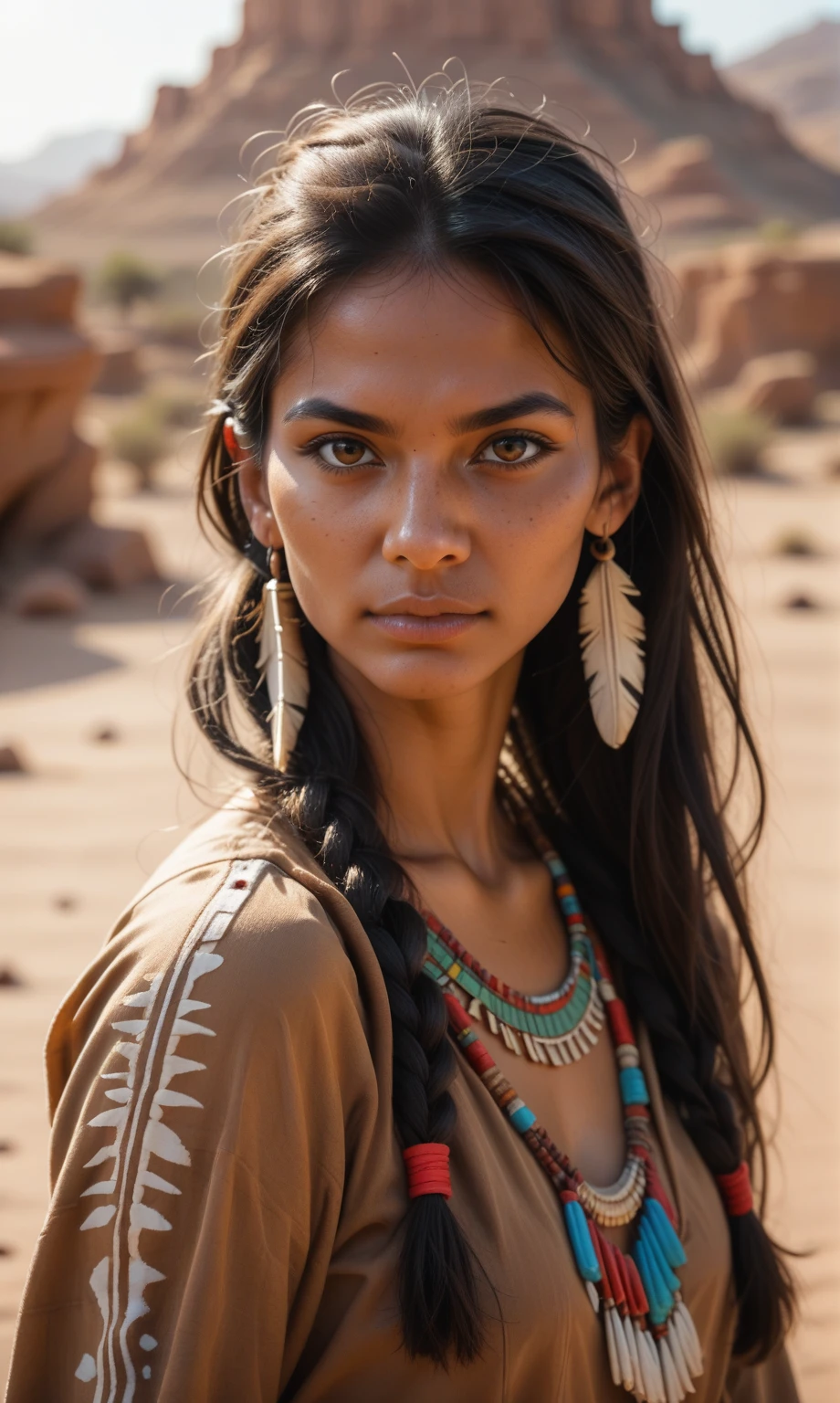 score_9, score_8_up, score_7_up, score_6_up, photo, girl, native american, Apache, apache indian clothing, posing, desert, looking at viewer, sunlight, depth of field, bokeh