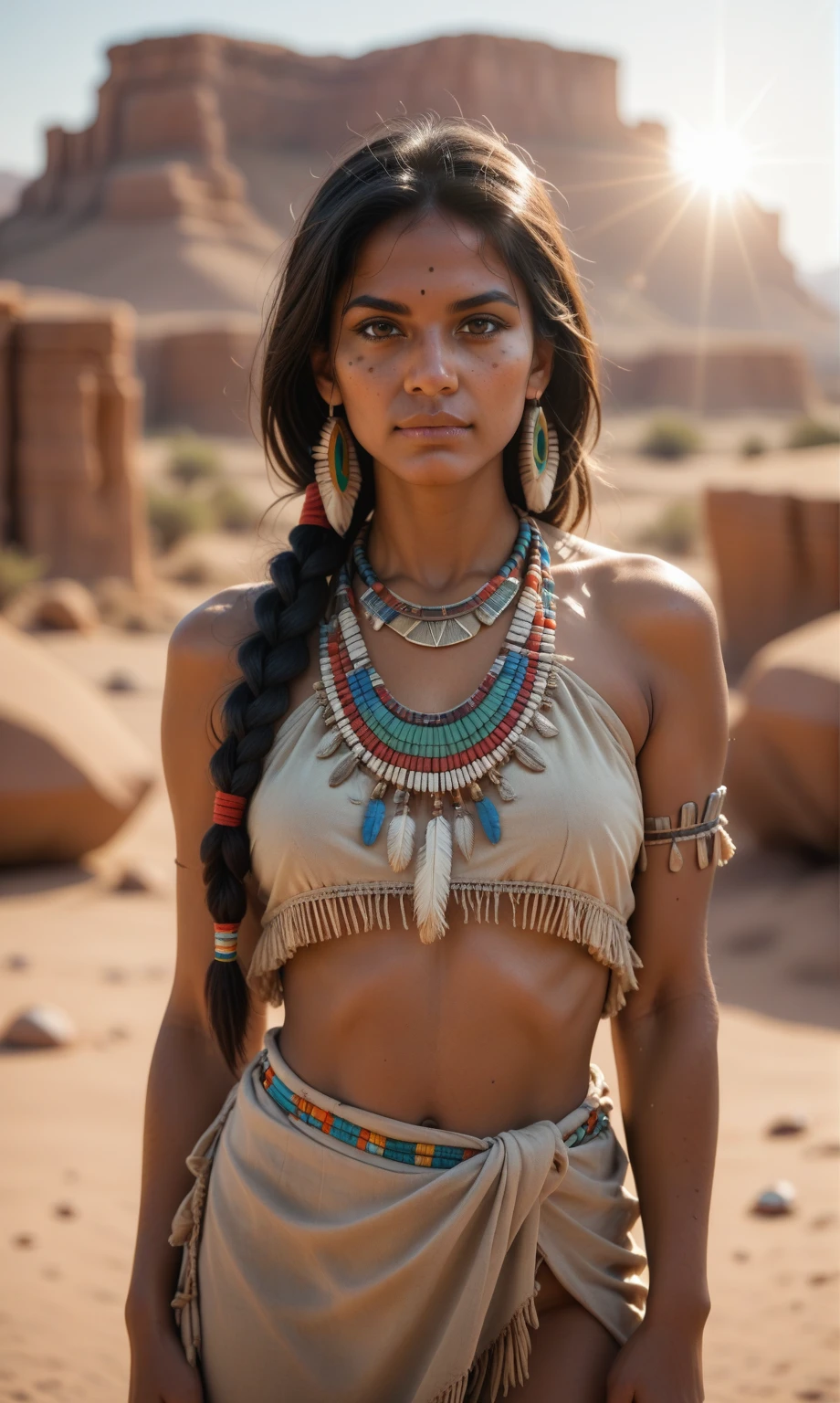 score_9, score_8_up, score_7_up, score_6_up, photo, girl, native american, Apache, apache indian clothing, posing, desert, looking at viewer, sunlight, depth of field, bokeh