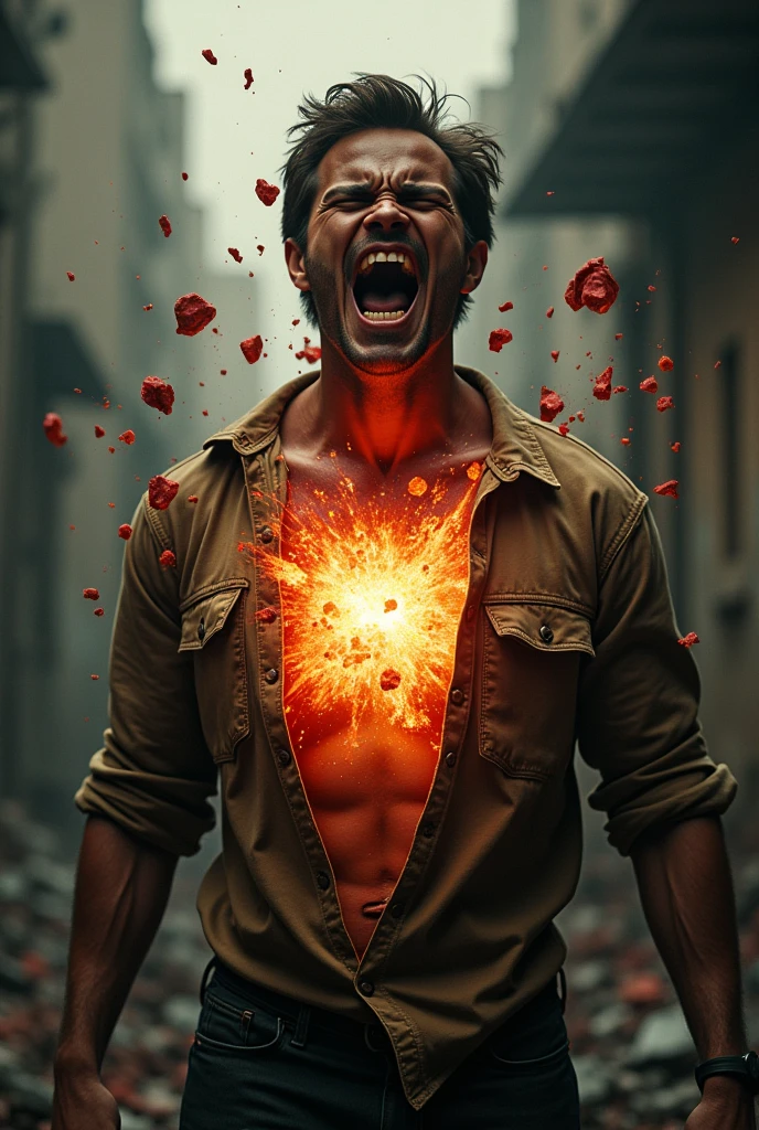 A heart stab by knife while burning on fire and blood flow