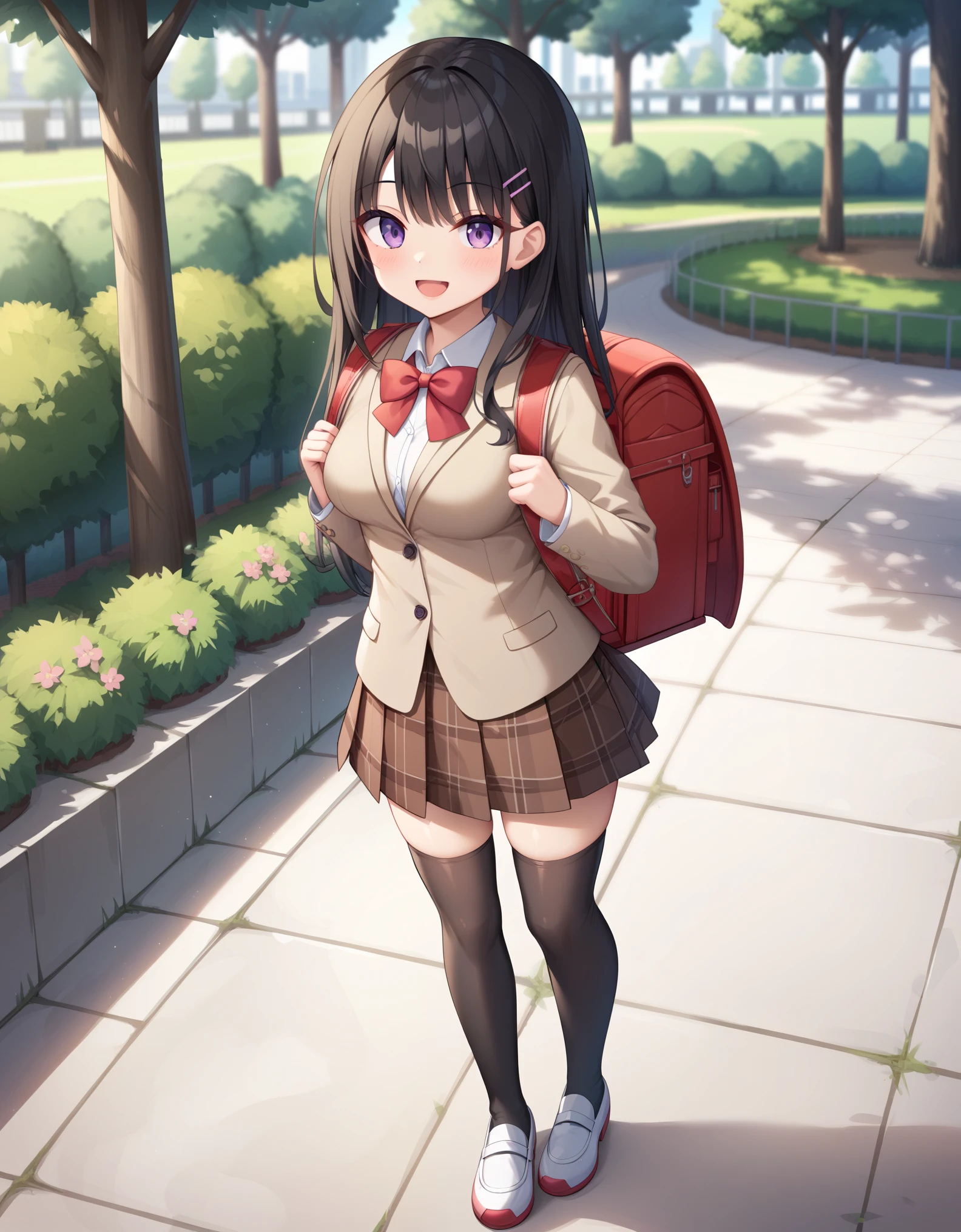 masterpiece, best quality,, High school girl, ,17 y.o, tall body, 1girl, medium breasts hd, detailed purple eyes, black hair, long hair, smile, happy, hair clip, school uniform, brown blazer, closed jacket, collared shirt,red bowtie, brown plaid skirt, black thighhighs, white shoes, standing, fullbody, outdoor, park, wearing randoseru backpack, red backpack, square backpack