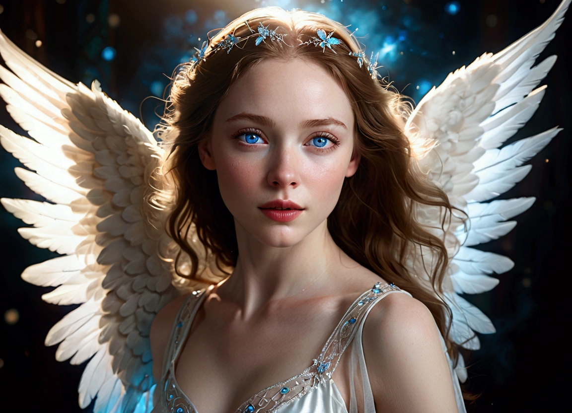 A woman with pale skin and blue eyes and an angelic face dances with a dreamy expression, as if she is dreaming. Camera angle that captures the upper body above the hips, clear resolution, cinematic lighting, clear picture quality, realistic atmosphere, bright theme, surreal atmosphere,