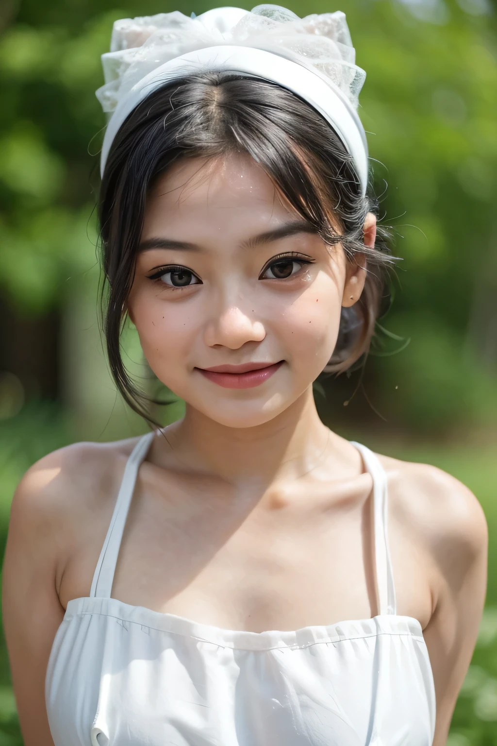 adorable, 1 girl, (face to face), , baby face, happy, medium portrait, (face details: 1), (eye details:1), ((naked big breasts)). wearing transparent transparency mini apron, .. Cute posed. proportional body. Ultra High Res. realistic: 1.4, UHD, poke a bun Hairstyle , lace 