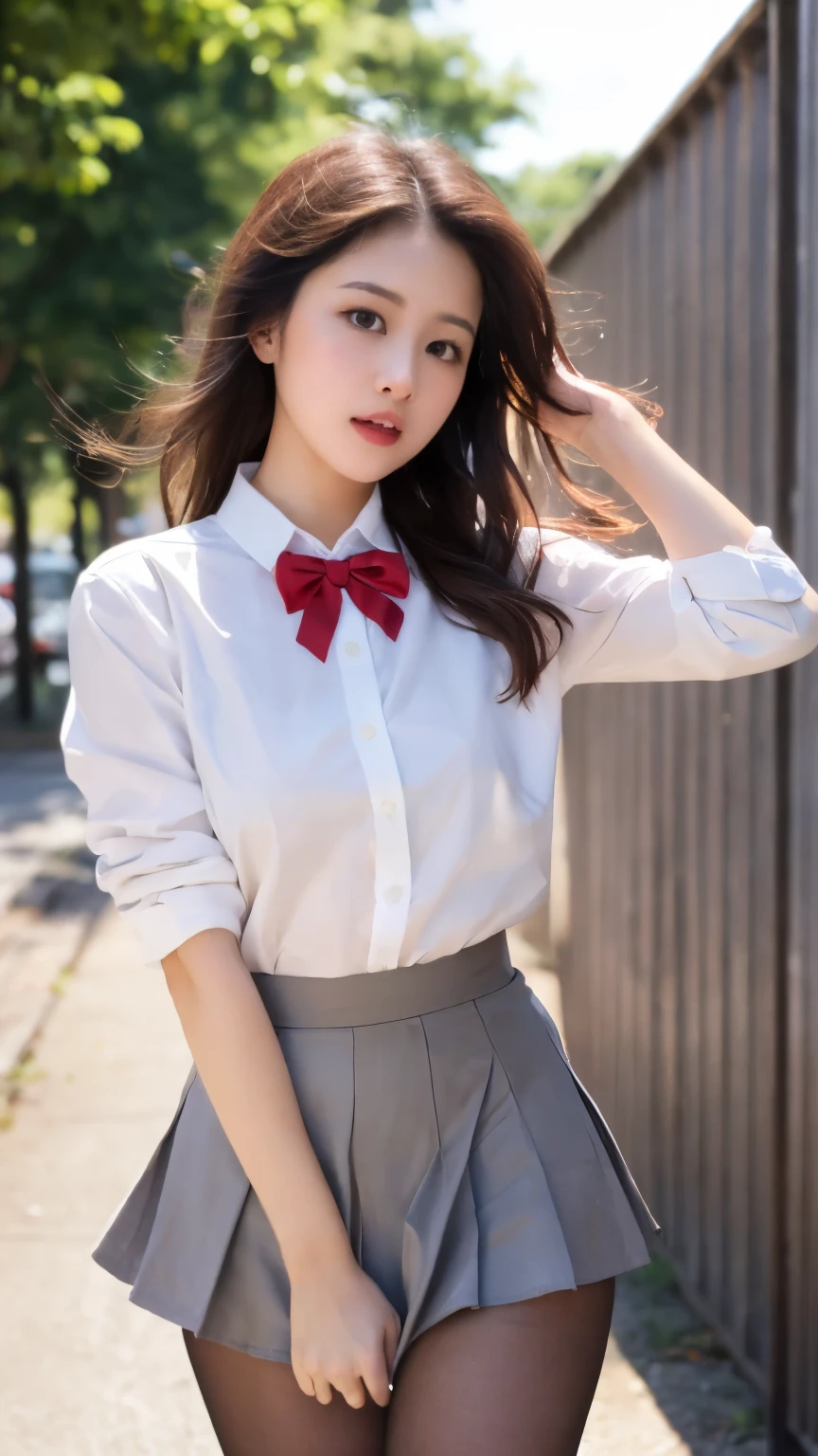 1young girl, (extremely cute), (highly detailed eyes, highly detailed hair, highly detailed face), sexy face, smile happily, Bangs, (High school uniform, Pleated mini skirt:1.2), (High school uniform wide open breasts), hair blowing in the wind, extremely detailed CG unified 8k wallpaper, Highly detailed, High-definition raw color photos, Professional Photography, Realistic portrait, Cinematic Light, (no panties:1.5), sitting, (spread legs wide open), outdoors, lush grassland, (((Bokeh))), depth of fields,