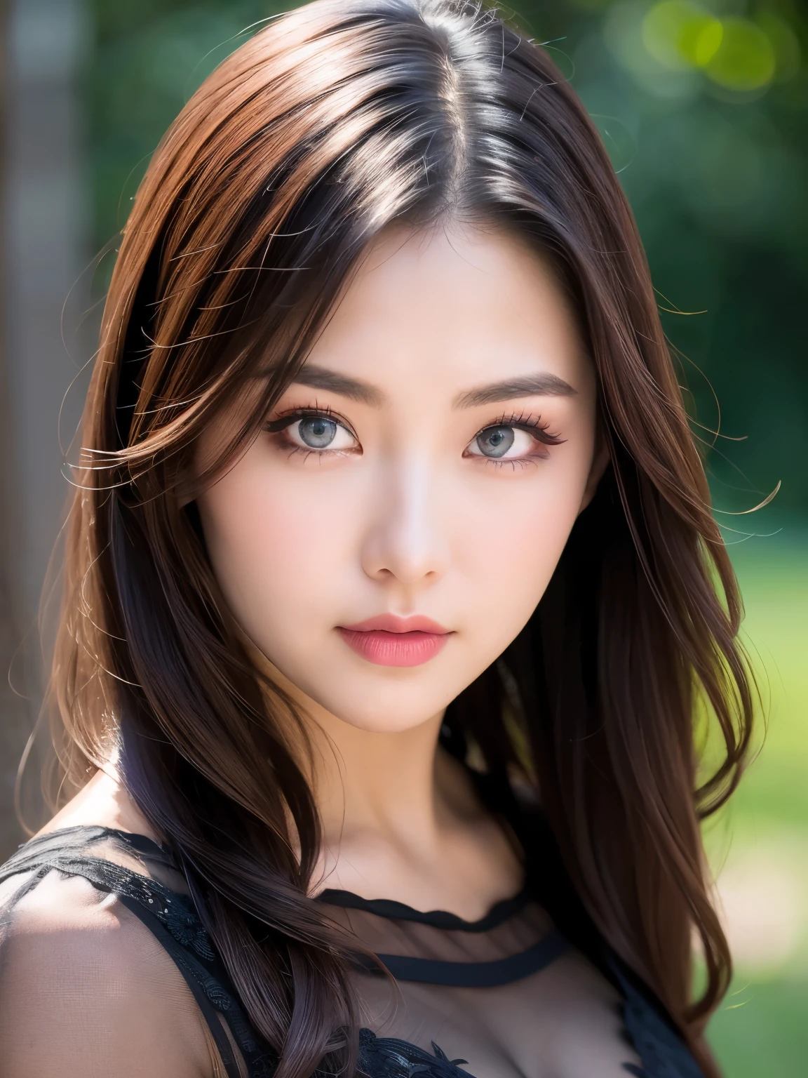 (Dark red right eye), (Left eye is dark blue), (((masterpiece))), (((Best Quality: 1.4))), ((Super detailed: 1.4)) , A lovely woman, Gorgeous Chinese Model, Translucent dress, See-through dress, Gorgeous exotic features, Amber neon eyes:1.5,  Shining silver hair, Highly detailed facial features, Expressive Face, Detailed Texture, Natural Skin Shader, , wonderful, Skin-tight dress, Japanese Model, Volume determination, Warm shades beneath her skin, Eyeshadow、Professional Makeup、Gorgeous makeup、Portraiture、Sharp Eye、Ultra-high resolution full body shots、Heterochromia: blue on the left and red on the right