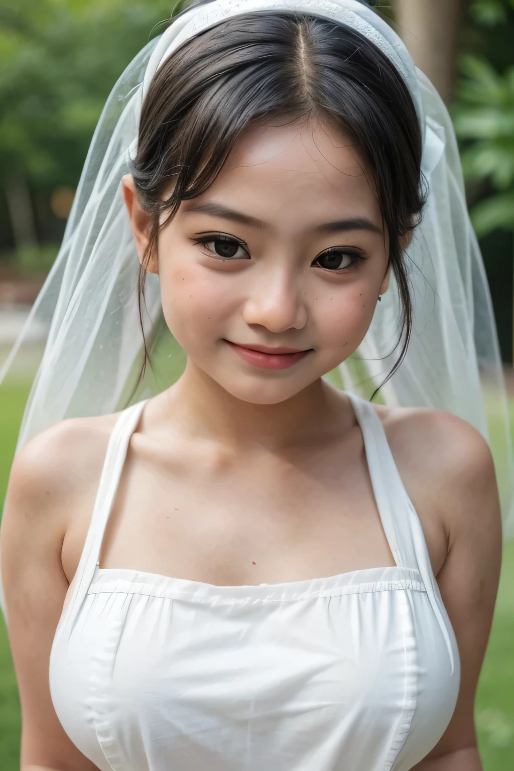 adorable, 1 girl, (face to face), , baby face, happy, medium portrait, (face details: 1), (eye details:1), ((naked big breasts)). wearing transparent transparency mini apron, .. Cute posed. proportional body. Ultra High Res. realistic: 1.4, UHD, poke a bun Hairstyle , lace 