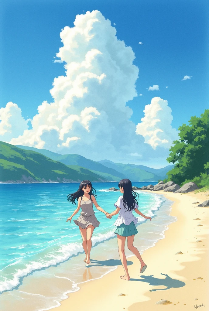 Make a sketch of two people running to the left side towards a beach and birds flying near them in anime style