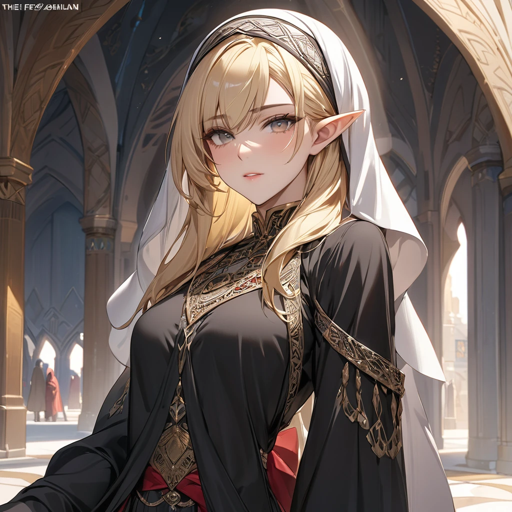 ((Best Quality)), ((masterpiece)), (detailed), （Perfect Face）、The female high elf is Seras Ashlain, a Muslim high elf with medium blonde hair wearing a black abaya and hijab.