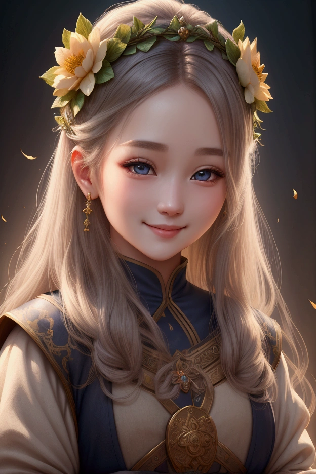 1 beautiful dulahan girl、Holding her head and smiling gently、Detailed face and eyes、Detailed Hair、Detailed flower crown、Medieval Fantasy Style、Complex background、Volumetric lighting、Dramatic Chiaroscuro、Muted color palette、Photorealistic、8k、high quality