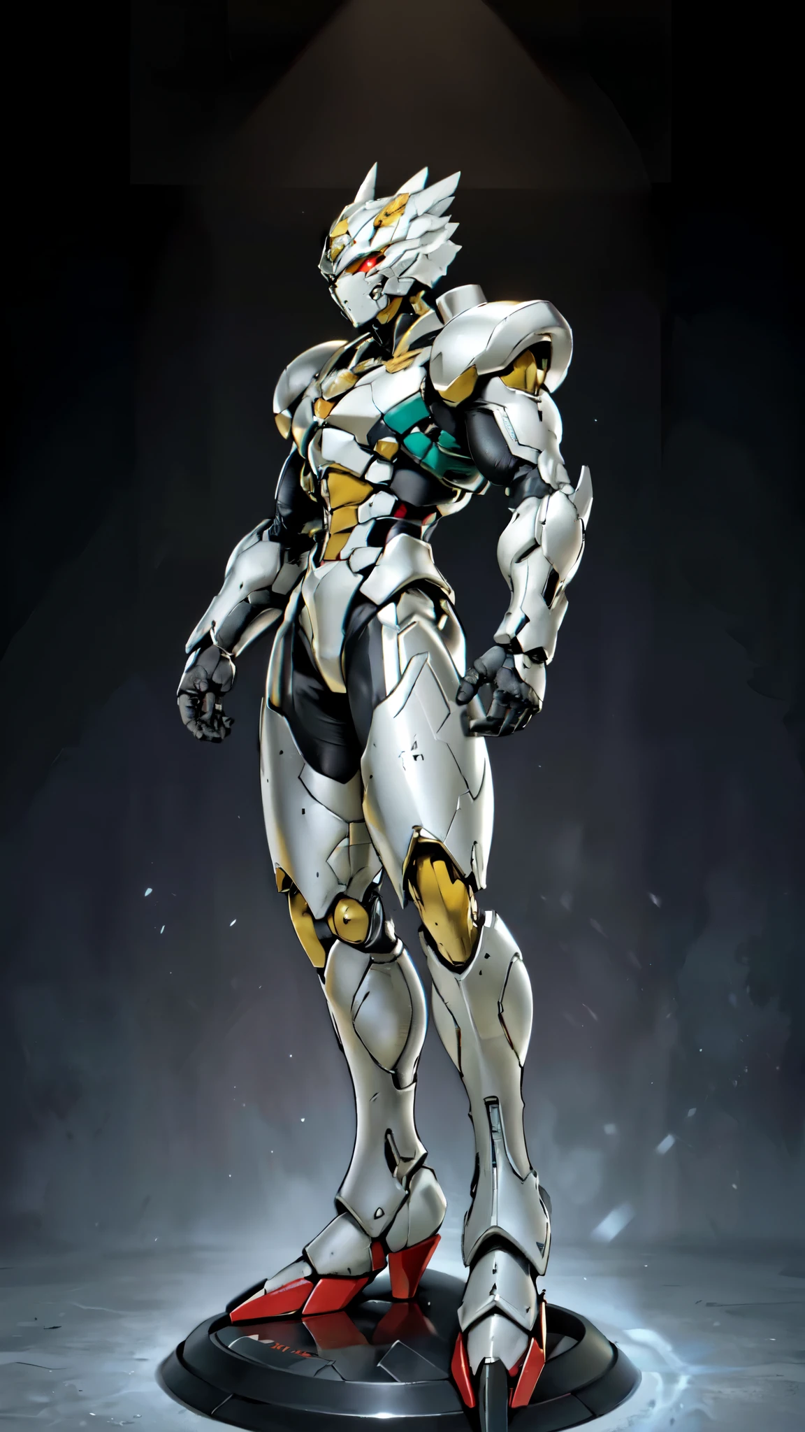 (masterpiece:1.5, best quality:1.5, extremely delicate:1.5), (male:1.5), humanoid Mecha, fully enclosed shoulder guards, matching arm and leg guards, full body, full armor, the design balances heavy with agility, (the color scheme is primarily Green with Red and White accents, the concept Inspired by Heavy Robot, HRS), organic biotech armor, standing, floating high above the futuristic sci-fi city, exquisite and mature art style, (aura effect, glowing eyes, the armor glows), metallic, dramatic, high definition, highres, ultra-detailed, ultra-fine painting, professional, perfect body proportions, anatomically correct, symmetrical face, extremely detailed eyes and face, high quality eyes, creativity, RAW photo, UHD, 32k, Natural light, cinematic lighting, masterpiece-anatomy-perfect