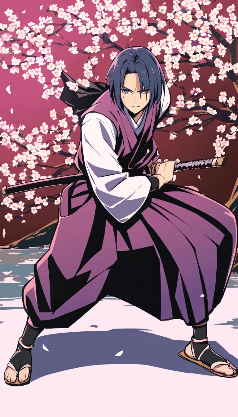 A samurai dressed in black stands in a Japanese garden with blooming cherry blossoms. He is holding a katana in a wide stance, looking out at the viewer.