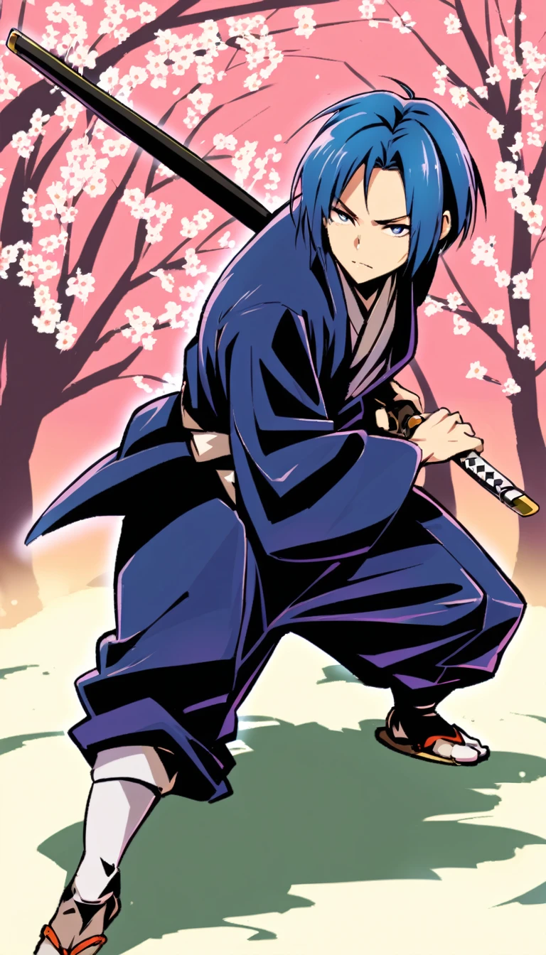 A samurai dressed in black stands in a Japanese garden with blooming cherry blossoms. He is holding a katana in a wide stance, looking out at the viewer.