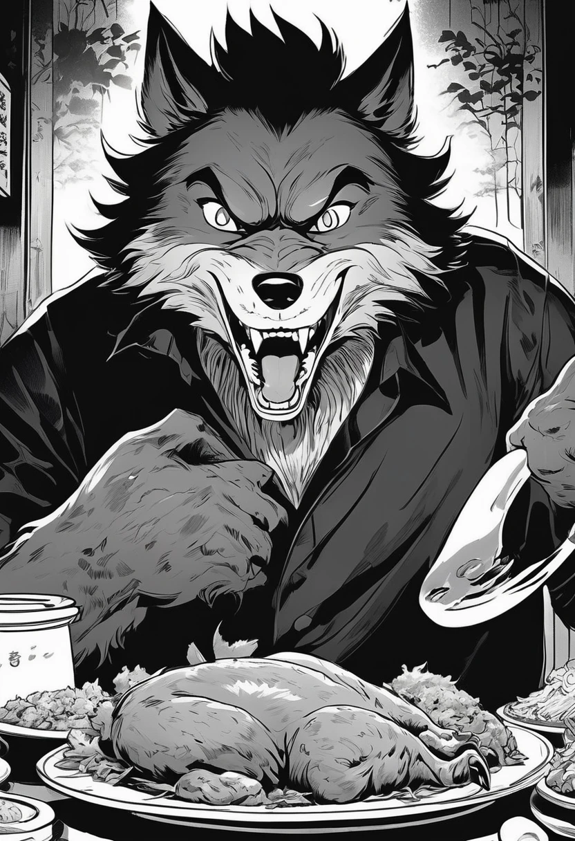 Black and white comics、Japanese Manga、Monochrome、 Conversation scene、Comical werewolf wearing a long sleeved black shirt、A delicious looking cartoon of meat appears before your eyes、Happy Face、smile、cute、