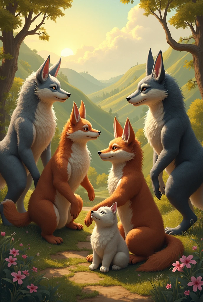 Three people with fox features, one in the middle, another on the left with black and dark fur, and on the right one white and with light.