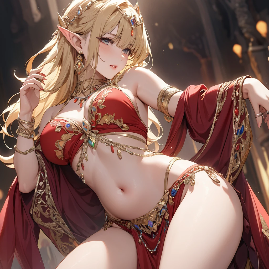 ((Best Quality)), ((masterpiece)), (detailed), （Perfect Face）、The high elf woman is Seras Ashlain, a blonde medium-long-haired high elf wearing a belly dance costume, gorgeous jewelry and an engagement ring.